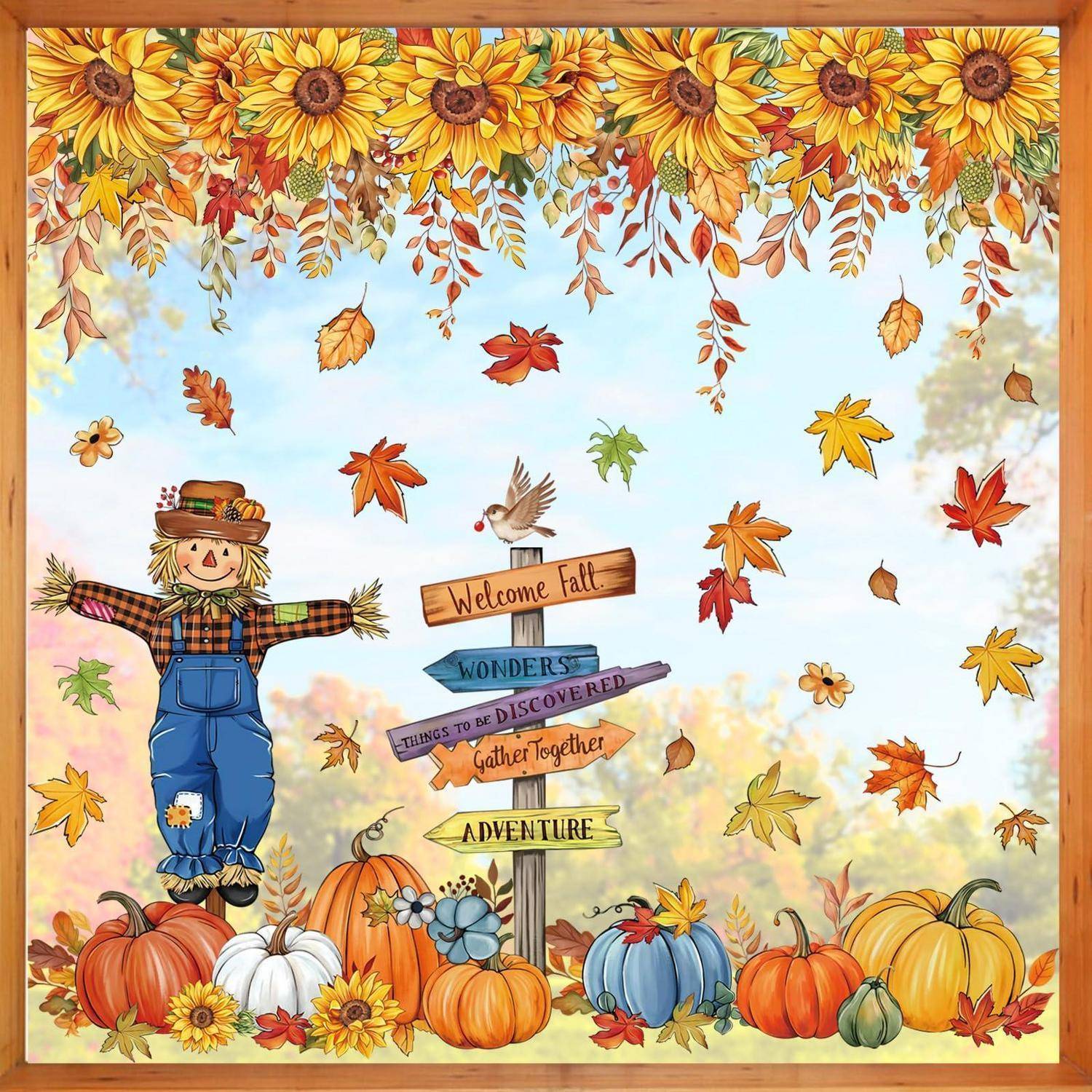 Herbstliches Willkommensschild mit einer Vogelscheuche, fallenden Blättern, Kürbissen, Sonnenblumen und einem Vogel; hölzerne Pfeile mit den Aufschriften „Willkommen Herbst", „Wunder"", „Dinge zum Entdecken"", „Zusammenkommen"" und „Abenteuer"".
