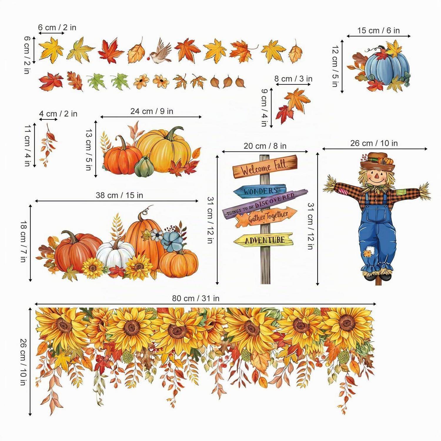 Wandaufkleber im Herbstdesign mit Blättern, Kürbissen, Sonnenblumen, einer Vogelscheuche und einem Wegweiser; für jedes Element sind die Größen angegeben und ein großes Girlanden-Band.