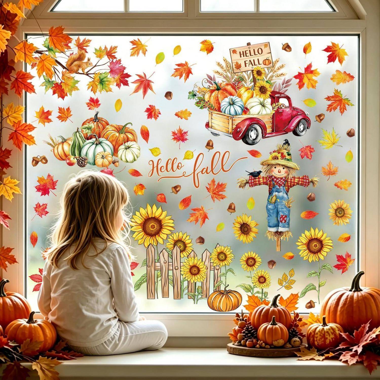 Kind blickt auf ein Fenster, das mit Herbst-Motiven verziert ist: Kürbisse, Sonnenblumen, Blätter, eine Vogelscheuche und einen „Hello Fall