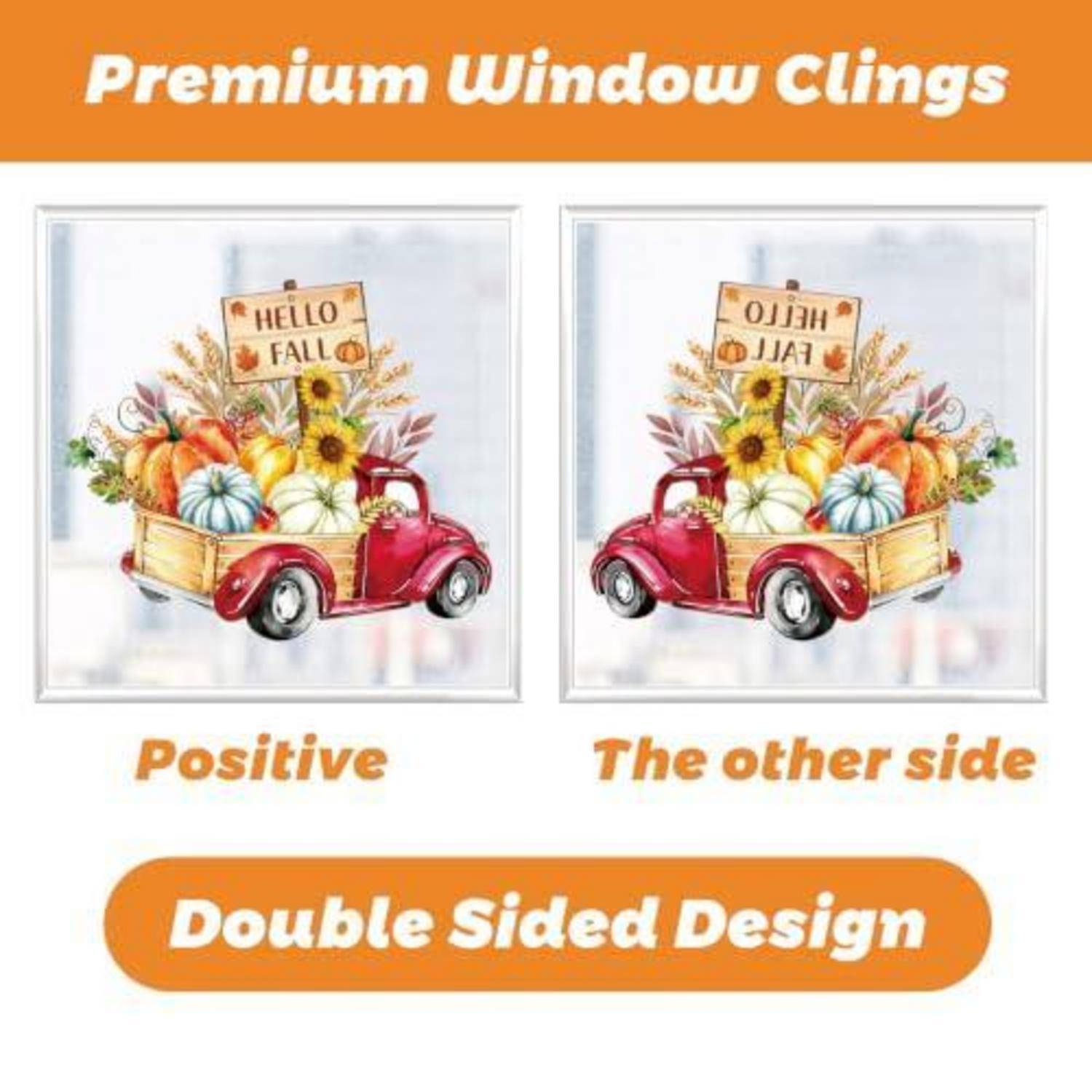 Angebot für Premium-Fensteraufkleber mit herbstlichem rotem Lastwagen und „Hello Fall"-Schild, auf beiden Seiten illustriert, mit den Bezeichnungen „Positiv"" und „Die andere Seite"" und „Beidseitiges Design"" darunter.