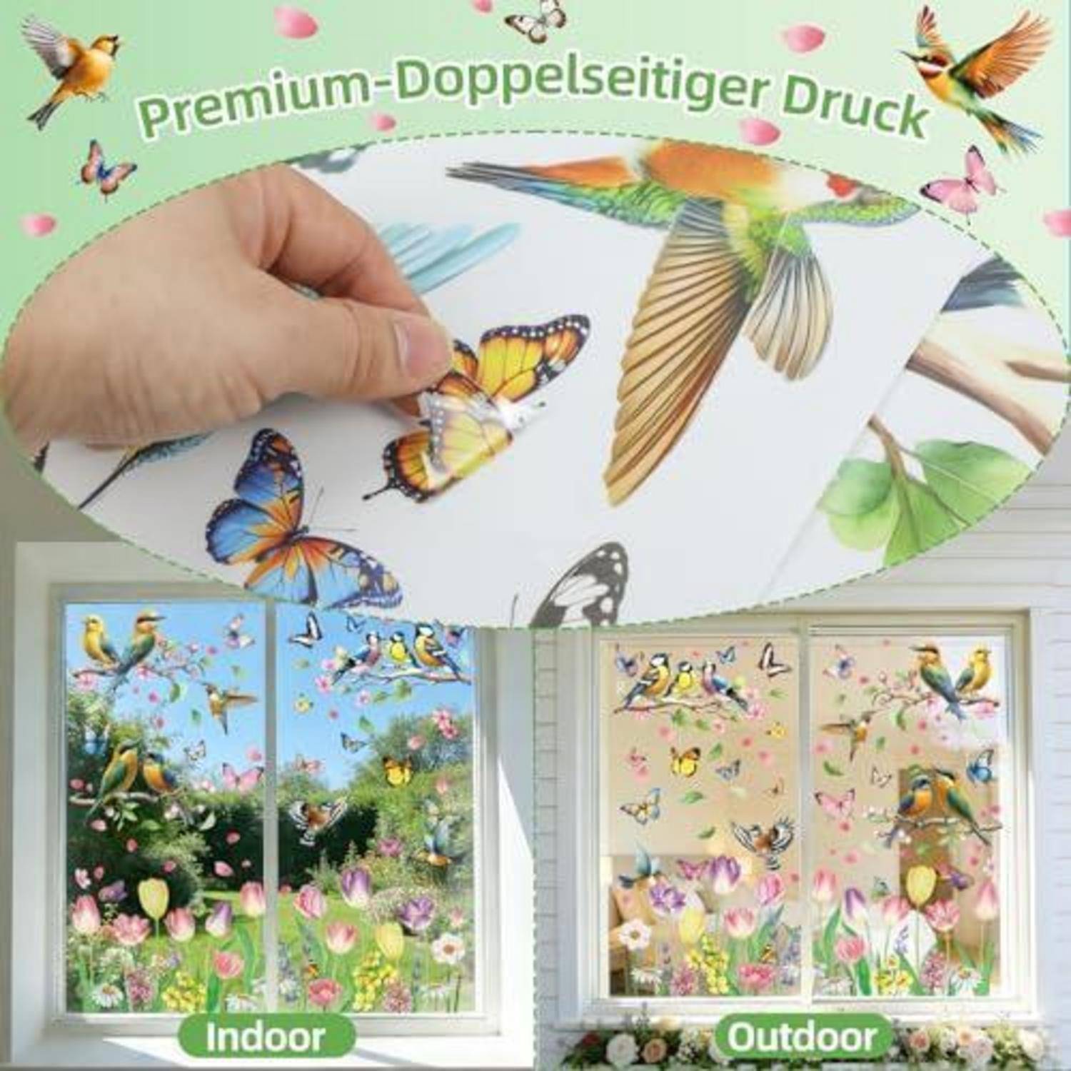 Werbebild zeigt abnehmbare Vogel- und Schmetterlings-Fensteraufkleber für den Innen- und Außenbereich, gekennzeichnet mit 'Premium-Doppelseitiger Druck' und 'Indoor/Outdoor'.