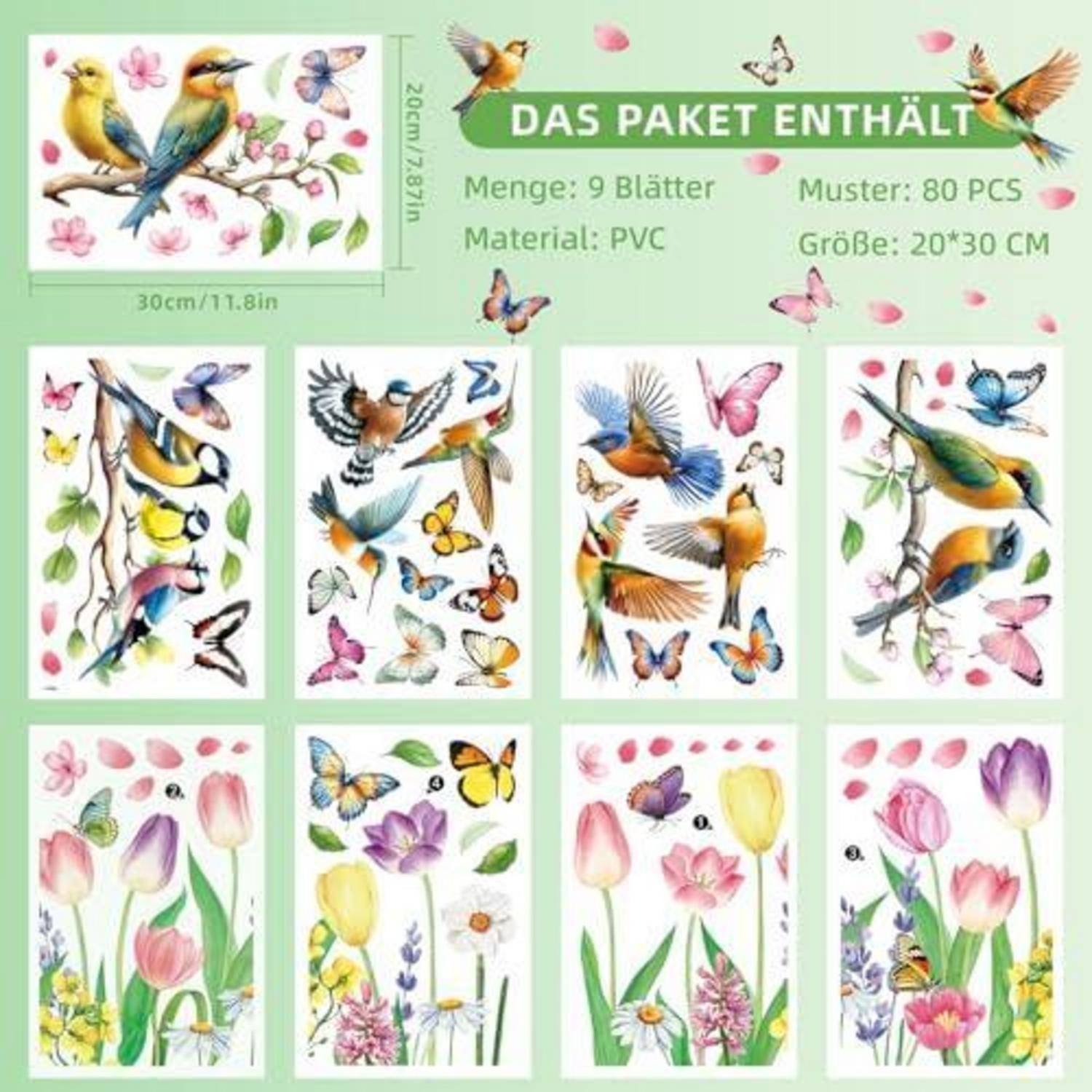 Produktblatt mit 9 PVC-Aufkleberdesigns mit Aquarell-Vögeln, Schmetterlingen und Blumen; Text besagt „DAS PAKET ENTHÄLT" und 80 Stück, 20×30 cm.