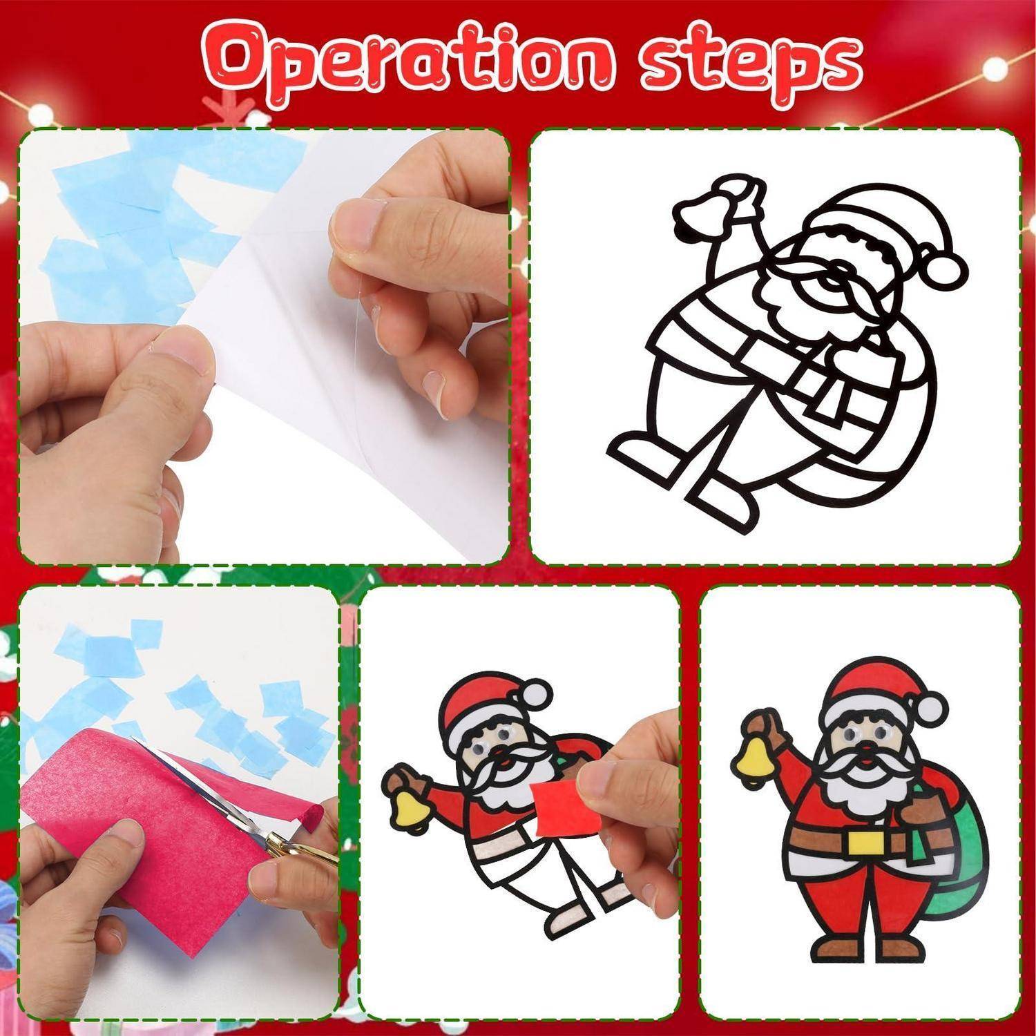 Arbeitsschritte für ein Weihnachtsmann-Papierhandwerk: Farbige Papierstücke abziehen und aufkleben, schneiden und einen Weihnachtsmann zusammensetzen, der eine Glocke und einen Sack hält.