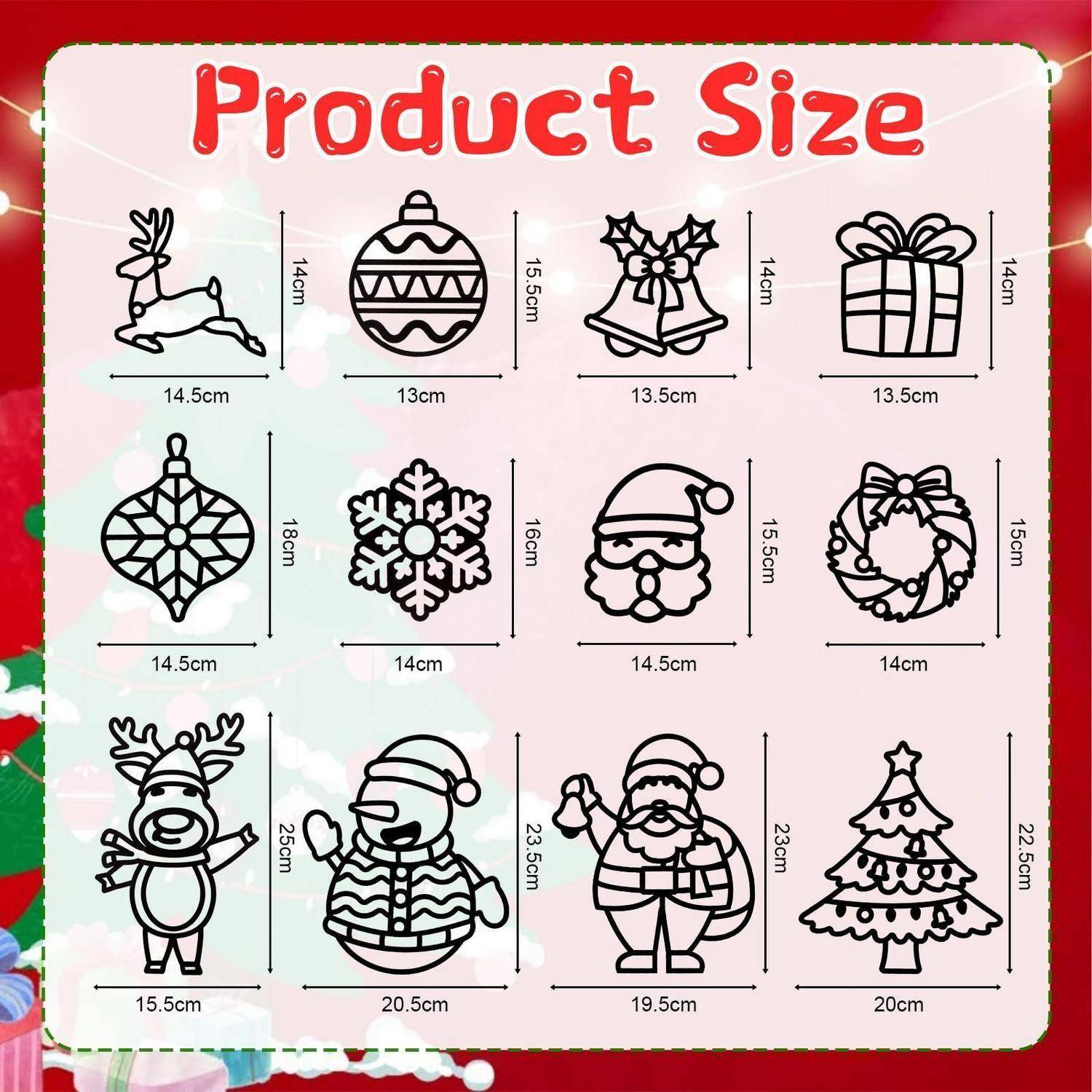 Produktgrößendiagramm mit 12 weihnachtlichen Ausschnittdesigns mit beschrifteten Abmessungen, einschließlich Rentier, Ornamente, Glocken, Geschenke, Schneeflocke, Weihnachtsmann, Kranz und Weihnachtsbäume.