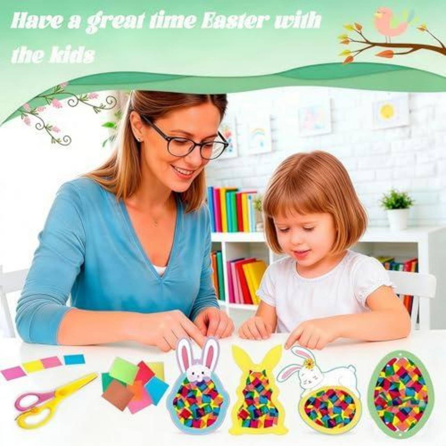 Eine Frau und ein junges Mädchen basteln zusammen bunte Osterdekoration an einem Tisch, mit dem Text 