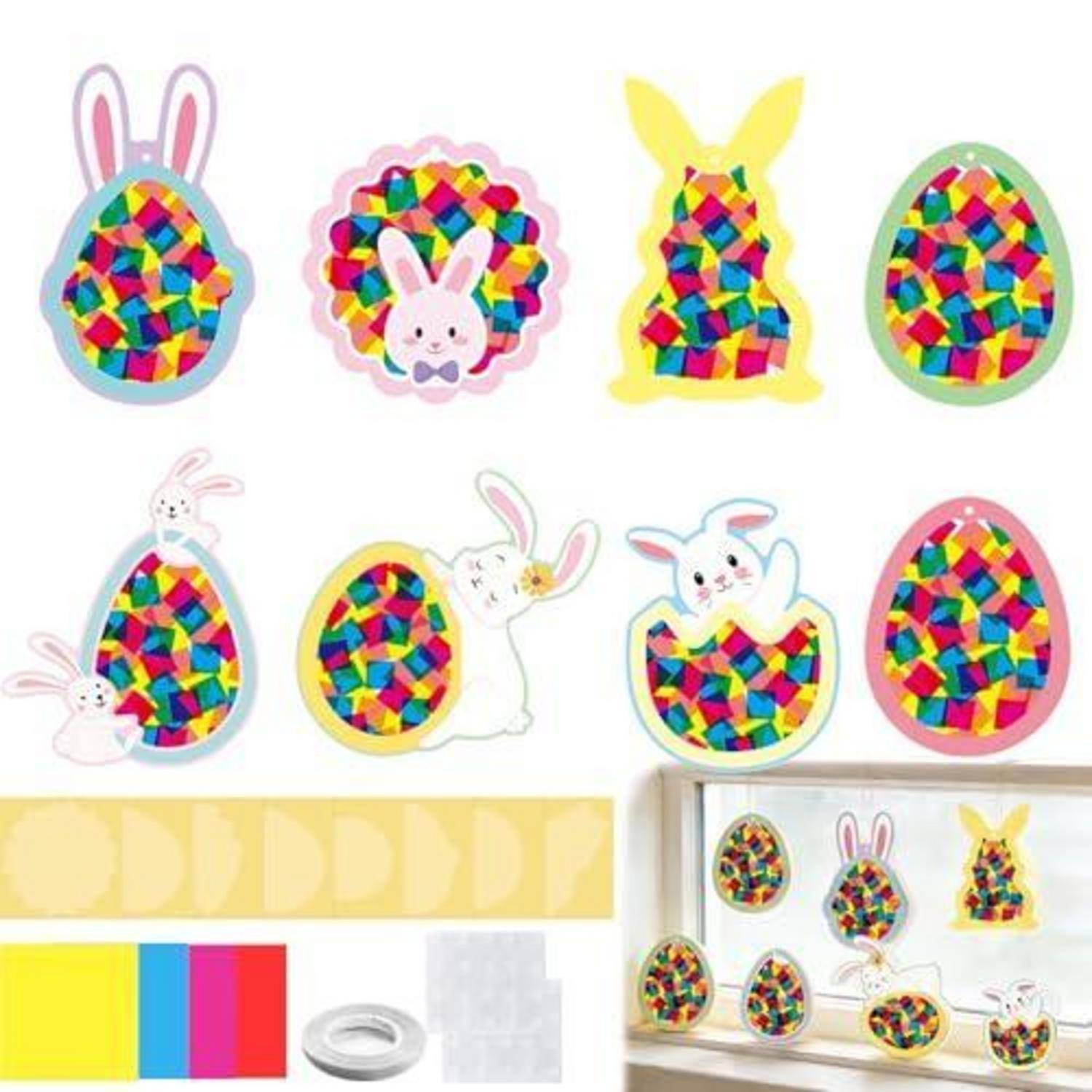 Bunte Osterhasen- und Ei-Papierausschnitt-Dekorationen in verschiedenen Formen, gezeigt als fertige Wanddekoration und Vorlagenstücke.