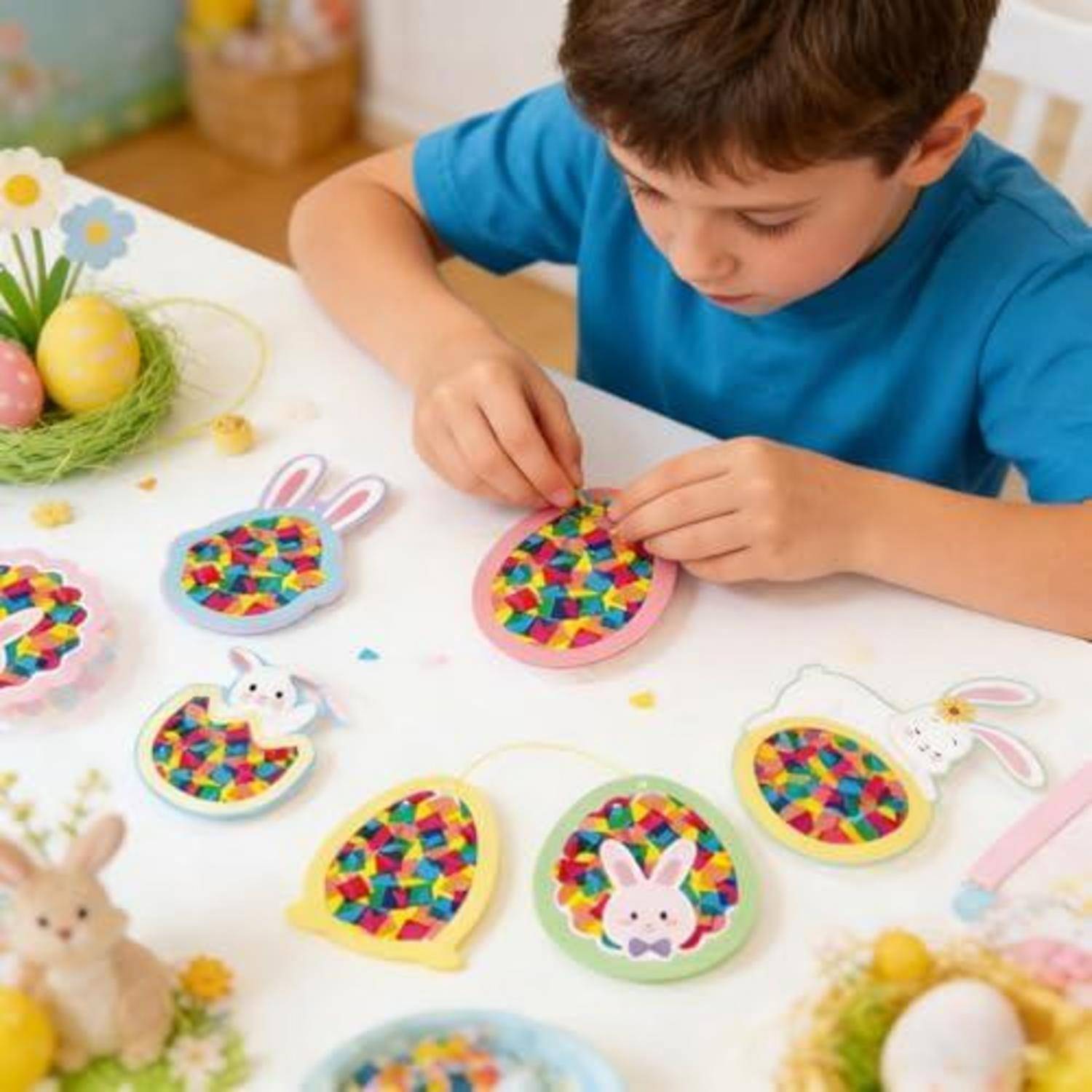 Junger Junge verziert Ostereier und Hasenhandwerk-Ornamente mit bunten Mosaikstücken an einem Tisch