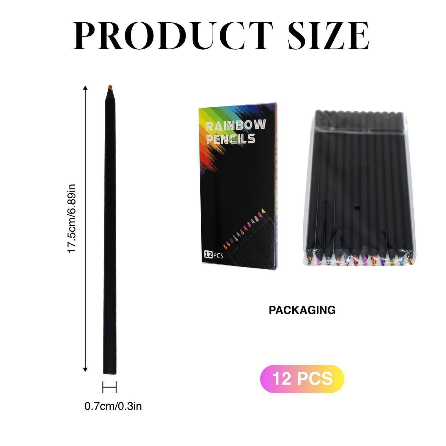 Produktgrößendiagramm für „Rainbow Pencils": Der Stift ist 17,5 cm lang und 0,7 cm breit; die Verpackung zeigt 12 Stifte.