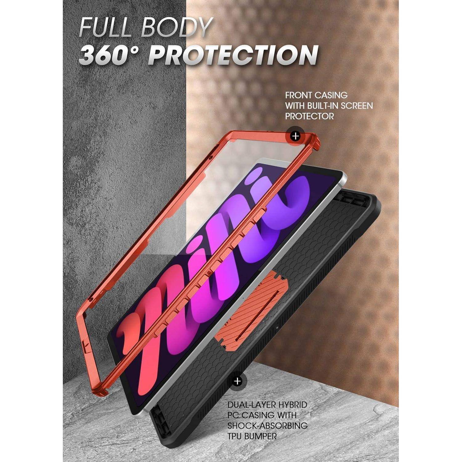 Werbegrafik eines Tablet-Schutzkastens mit „Vollständiger 360°-Schutz" mit einer vorderen Schutzhülle und Displayschutzfolie, plus zweischichtiger Hybrid-PC-Schutzhülle mit stoßdämpfendem TPU-Rand.