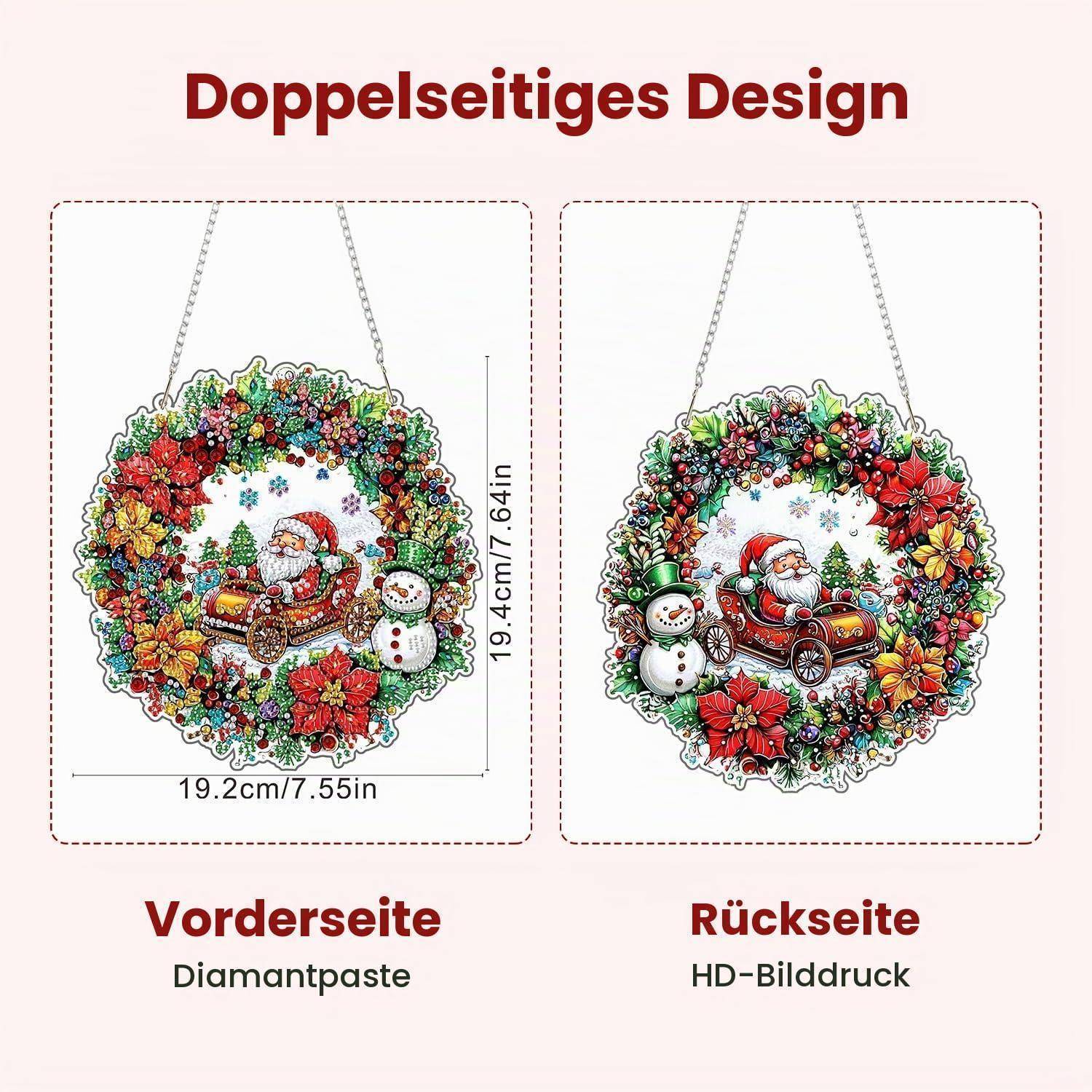 Doppelseitiges Weihnachtskranzschildschild mit dem Weihnachtsmann, Schlitten und Schneemann; Vorderseite beschriftet mit 'Diamantpaste' und Rückseite 'HD-Bilddruck'; Größe 19,2 cm x 19,4 cm.