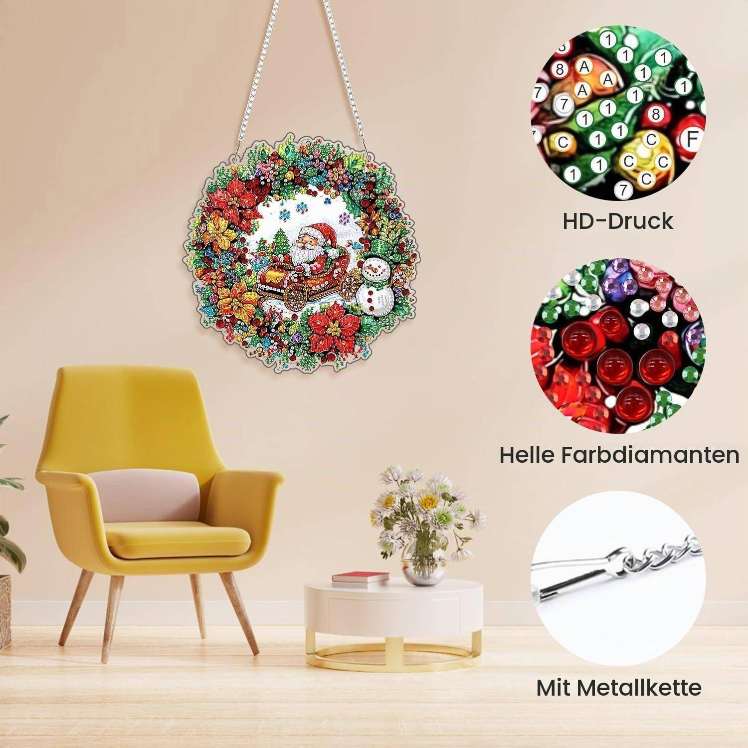 Wohnzimmermockup zeigt ein farbenfrohe rundes Diamantmalerei-Wandkunstwerk über einem gelben Stuhl, mit Hinweisen auf 'HD-Druck', 'Helle Farb­diamanten' und 'Mit Metallkette'.