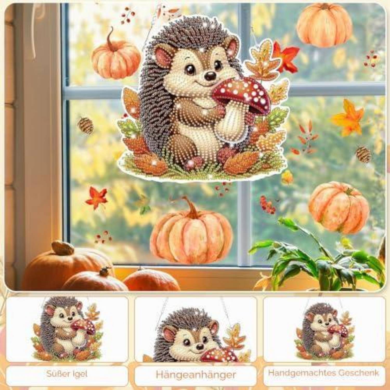 Herbstliche Fensterausstellung mit handgefertigtem Igel-Dekorationsstück, das einen Pilz hält, umgeben von Kürbissen und Herbstblättern; Vorschau-Miniaturansichten unten.
