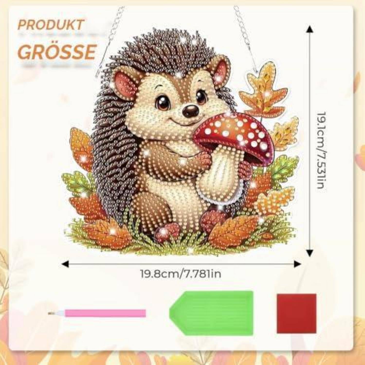 Diamantmalerei-Vorschau eines Igels, der einen roten Pilz zwischen Herbstblättern hält, mit der Produktgröße 19,8 cm mal 19 cm.