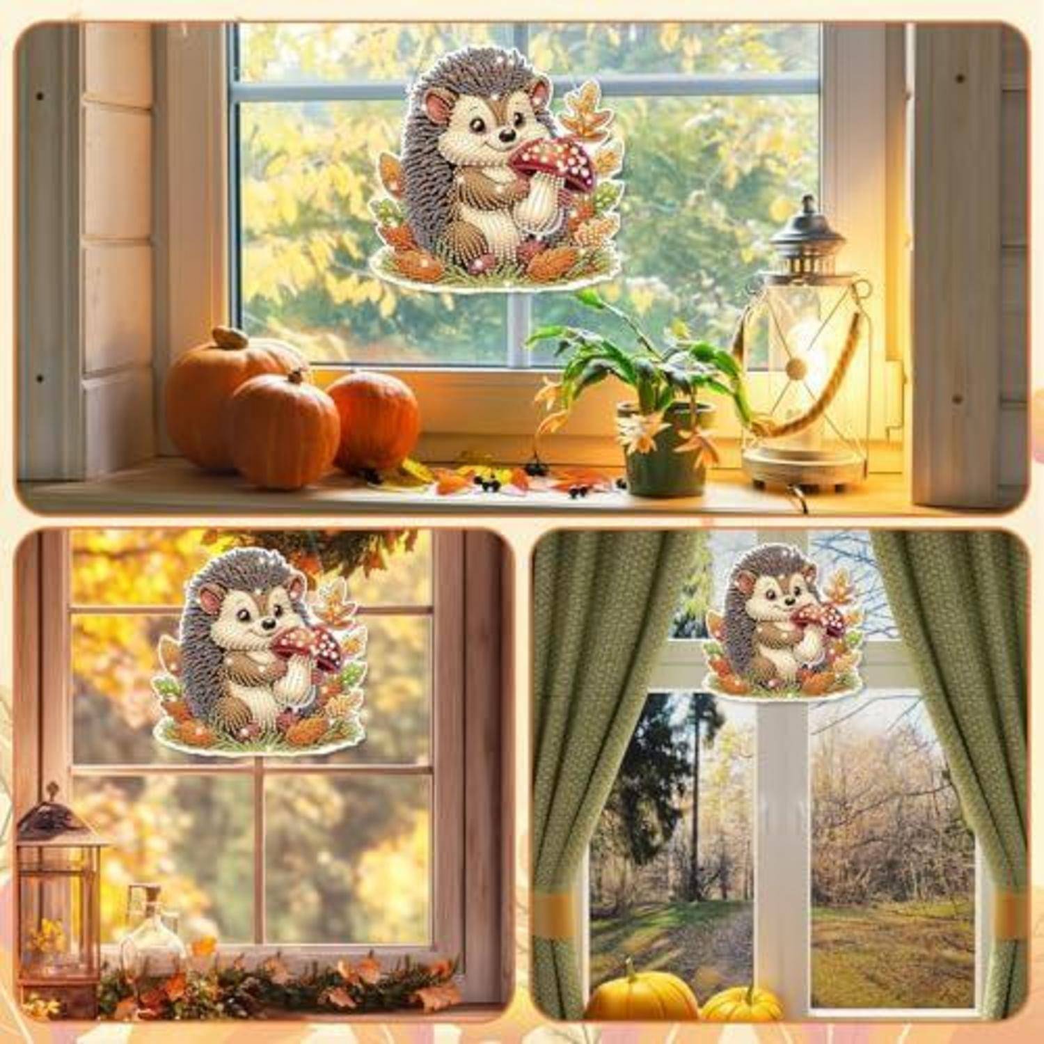 Drei herbstliche Fensterszenen mit einem süßen Igel-Aufkleber auf der Glasscheibe, Kürbissen, Laternen und einer Topfpflanze, mit Vorhängen und Herbstlaub draußen.