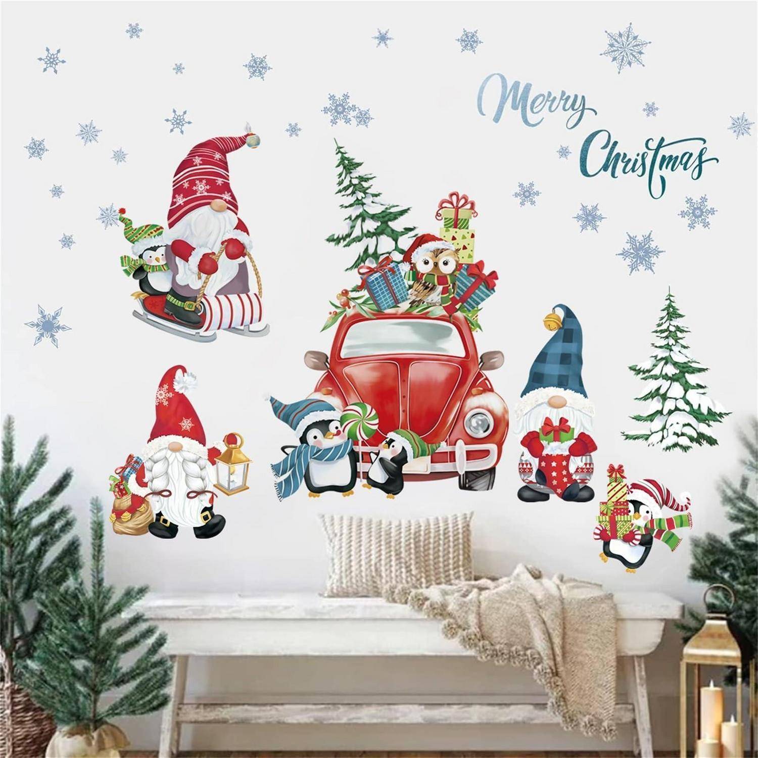 Weihnachts-Wandaufkleber-Szene mit Gnom, Pinguinen, einem roten Auto mit Geschenken, Schneeflocken, Bäumen und 