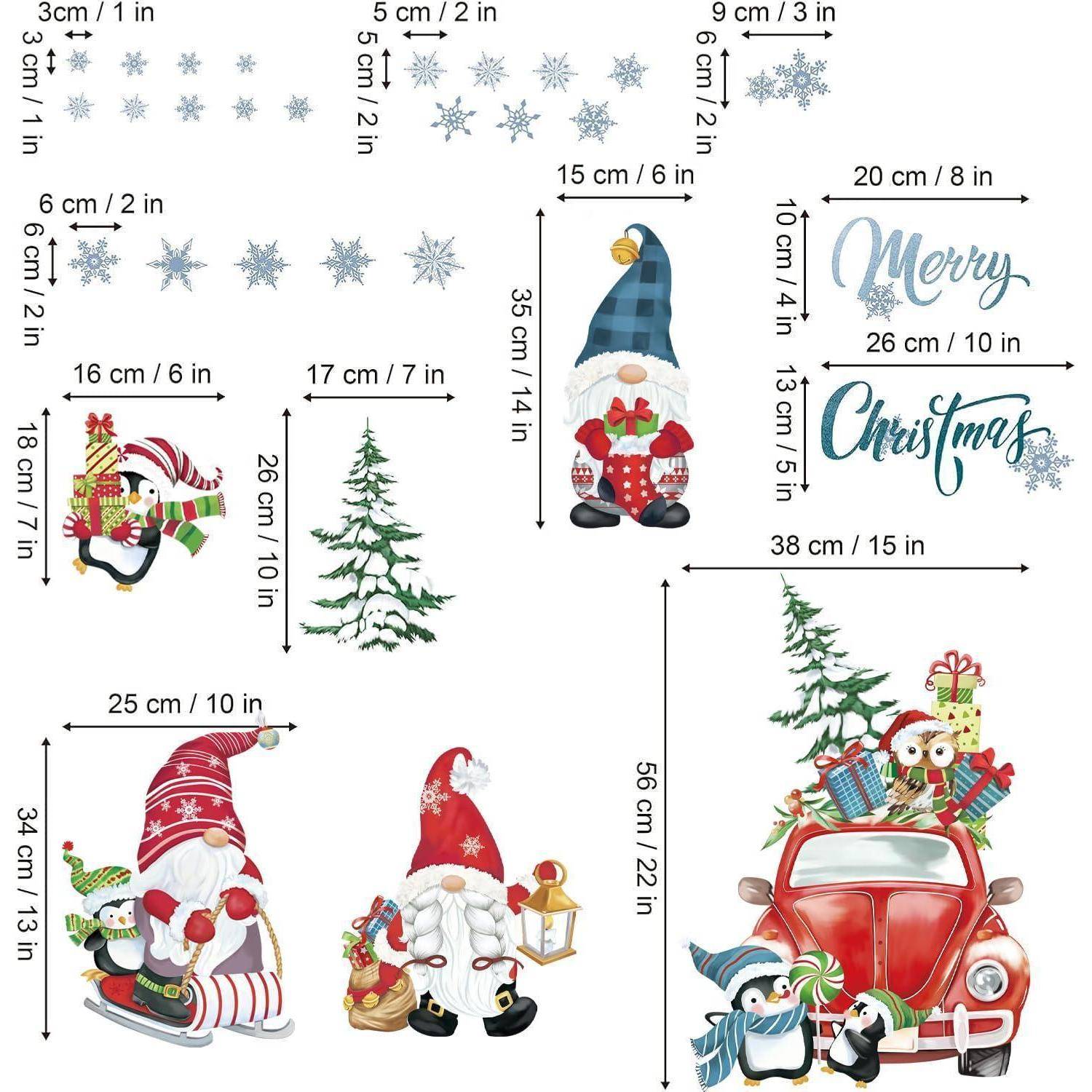 Weihnachts-Wandaufkleber-Set mit mehreren festlichen Motiven: Schneeflocken, "Frohe Weihnachten""-Schriftzug, Gnom-Figuren, Weihnachtsmann, ein Baum und ein rotes Auto mit Geschenken und Pinguinen, jeweils mit Größenangaben gekennzeichnet.