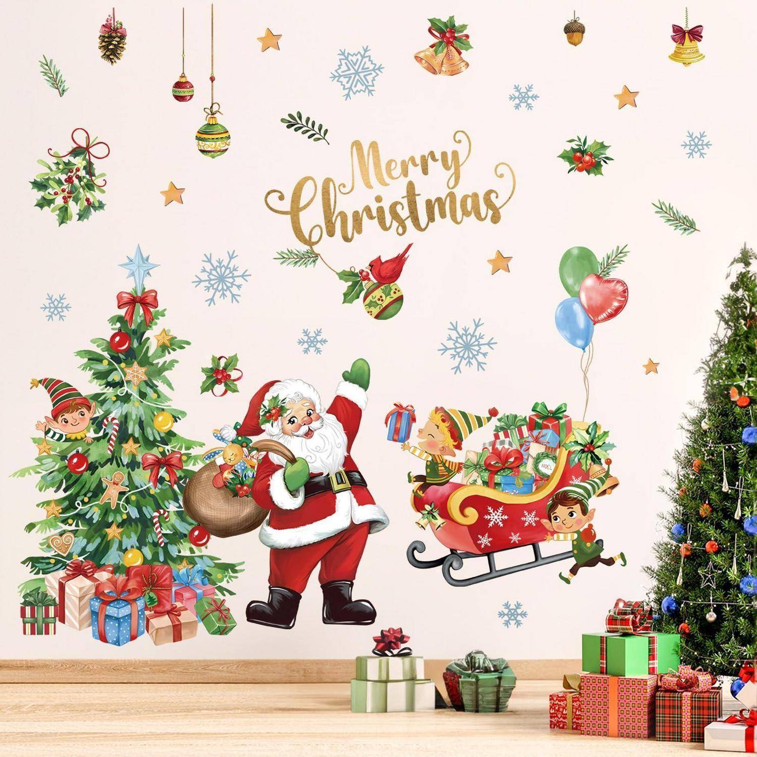 Festliche Weihnachtsillustration mit dem Weihnachtsmann, dekorierten Bäumen, Geschenken, Elfen, einem Schlitten, Luftballons und dem Text „Frohe Weihnachten