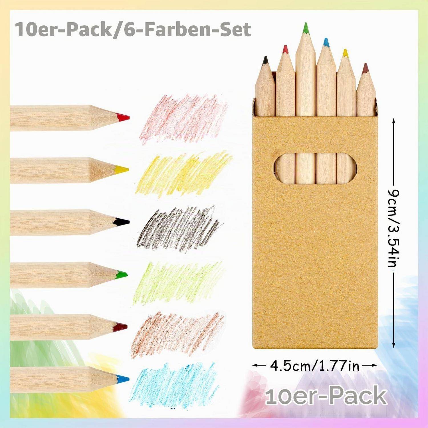 Produktbild eines "10er-Pack/6-Farben-Set"" aus sechs Farbstiften in einer Kraftpapierschachtel, das Farbmuster und die Größe zeigt: 9 cm hoch, 4,5 cm breit.