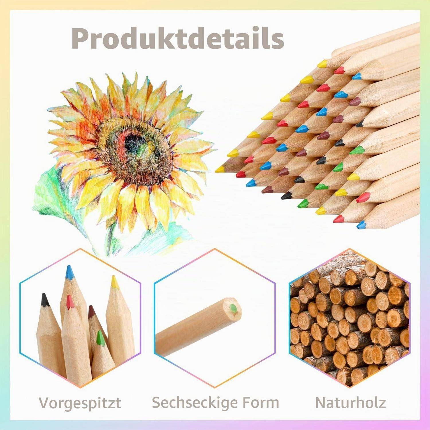 Produktdetails-Plakat mit Farbstiften, einer Sonnenblumenzeichnung und Beschriftungen „Vorgespitzt", „Sechseckige Form"" und „Naturholz"", die vorgespitzte, sechseckige Stifte aus Naturholz hervorheben.