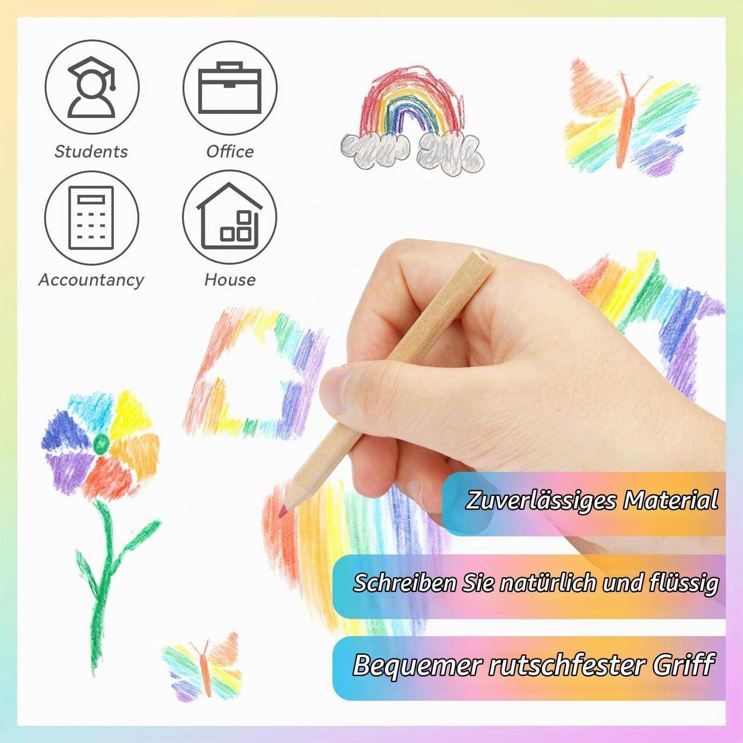 Handzeichnung eines Regenbogens mit einem Buntstift auf weißem Papier, umgeben von kinderlichen Skizzen und deutschem Text, der sanftes Schreiben und einen komfortablen rutschfesten Griff bewirbt.