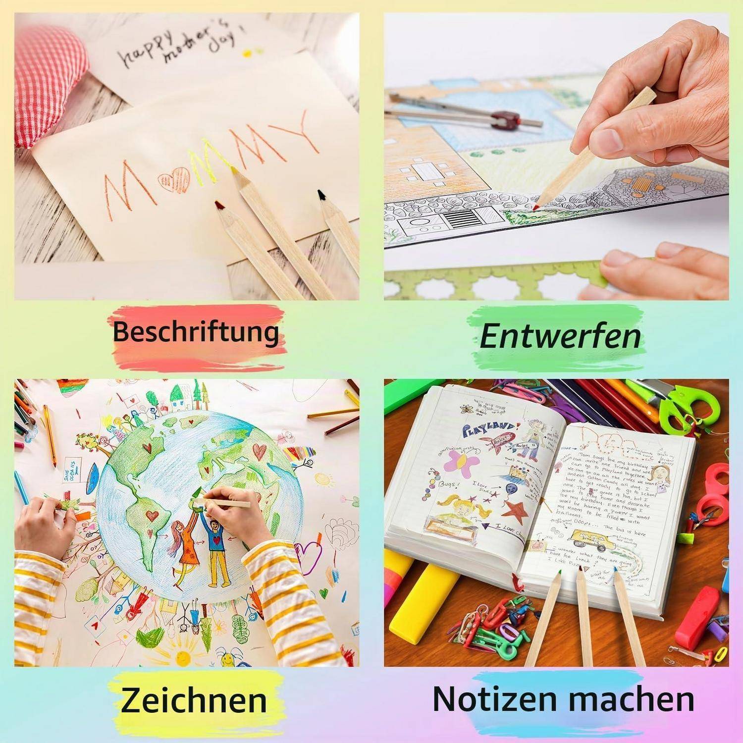 Vierteilige Collage mit Aktivitäten: Beschriftung einer Seite, Gestaltung mit Stift und Werkzeugen, Zeichnung einer Globusillustration und Notizen in einem offenen Notizbuch.