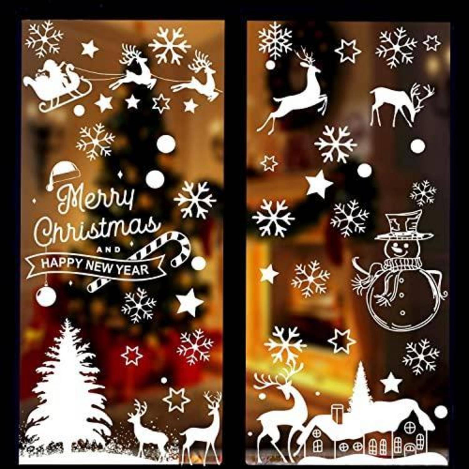 Zwei Weihnachtsfensterdekale mit weißen Schneeflocken, Sternen, Rentieren, Weihnachtsmannschlitten, Schneemann und dem Text "Frohe Weihnachten und ein glückliches neues Jahr"".
