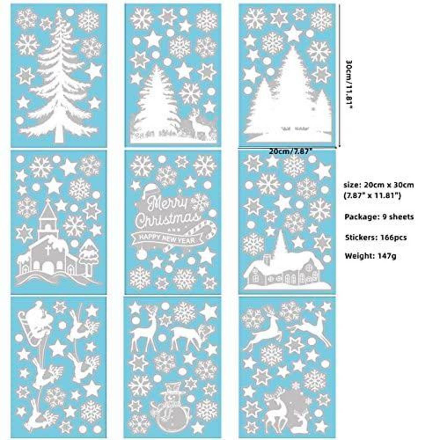 Produktbild zeigt neun weihnachtlich gestaltete Aufkleberbogen mit weißen Schneeflocken, Bäumen, Kirche, Rentier, Schlitten, Schneemann und „Merry Christmas" auf blauem Hintergrund; Text vermerkt Größe, Verpackung und Aufkleberzahl.