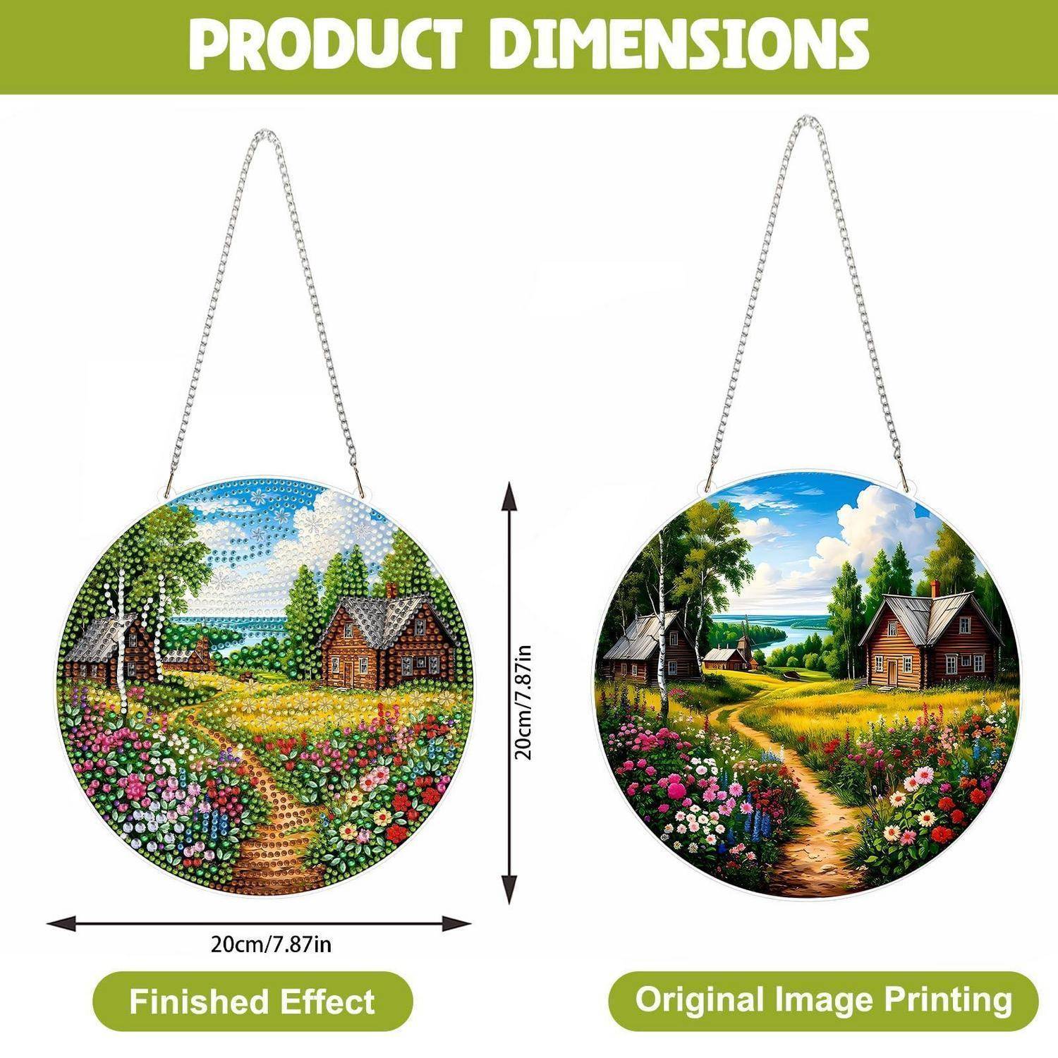 Produktdimensionen-Grafik zeigt ein rundes Hängepanel mit 20 cm/7,87 Zoll Breite und 20 cm/7,87 Zoll Höhe, vergleicht die Designs „Finished Effect" und „Original Image Printing"".