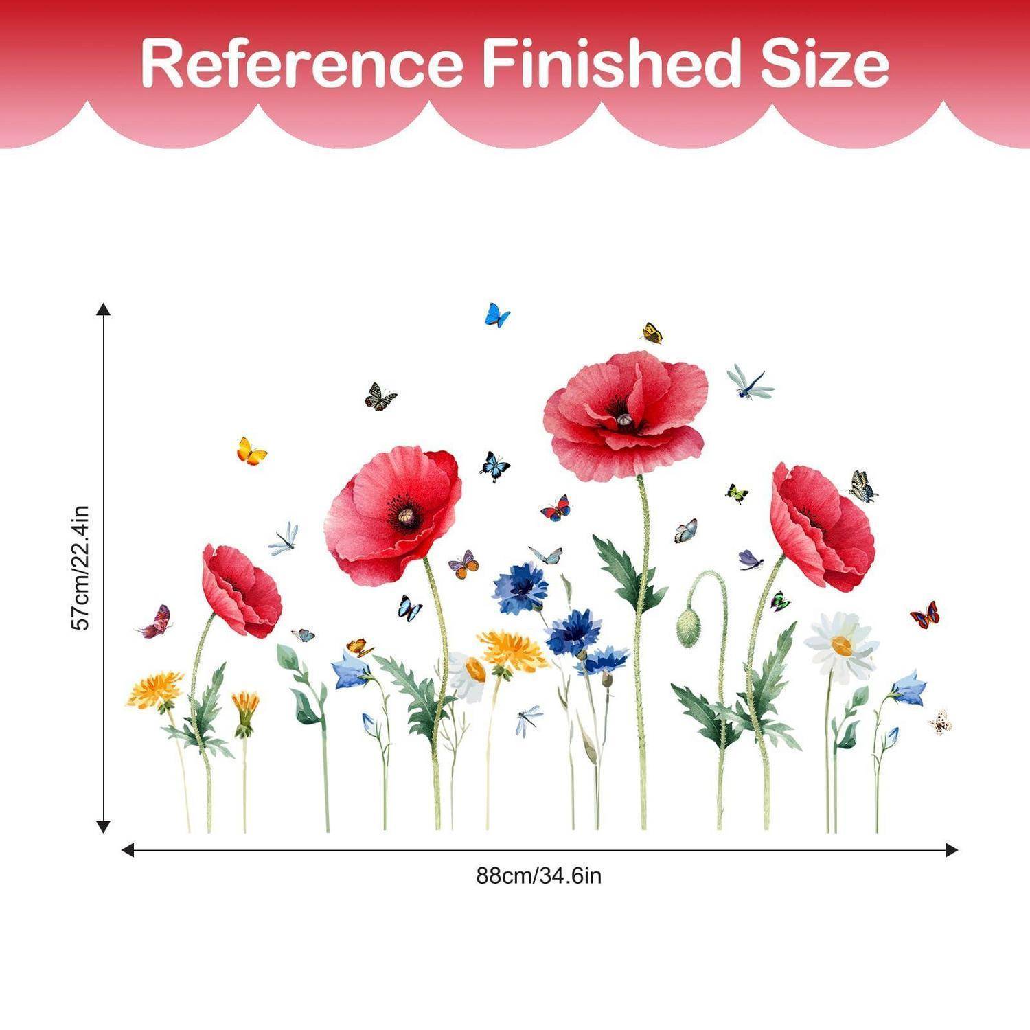 Wandtattoo-Größenleitfaden für Blumenwand mit floraler Anordnung aus Mohnblumen, Gänseblümchen, Schmetterlingen, 88 cm breit und 57 cm hoch