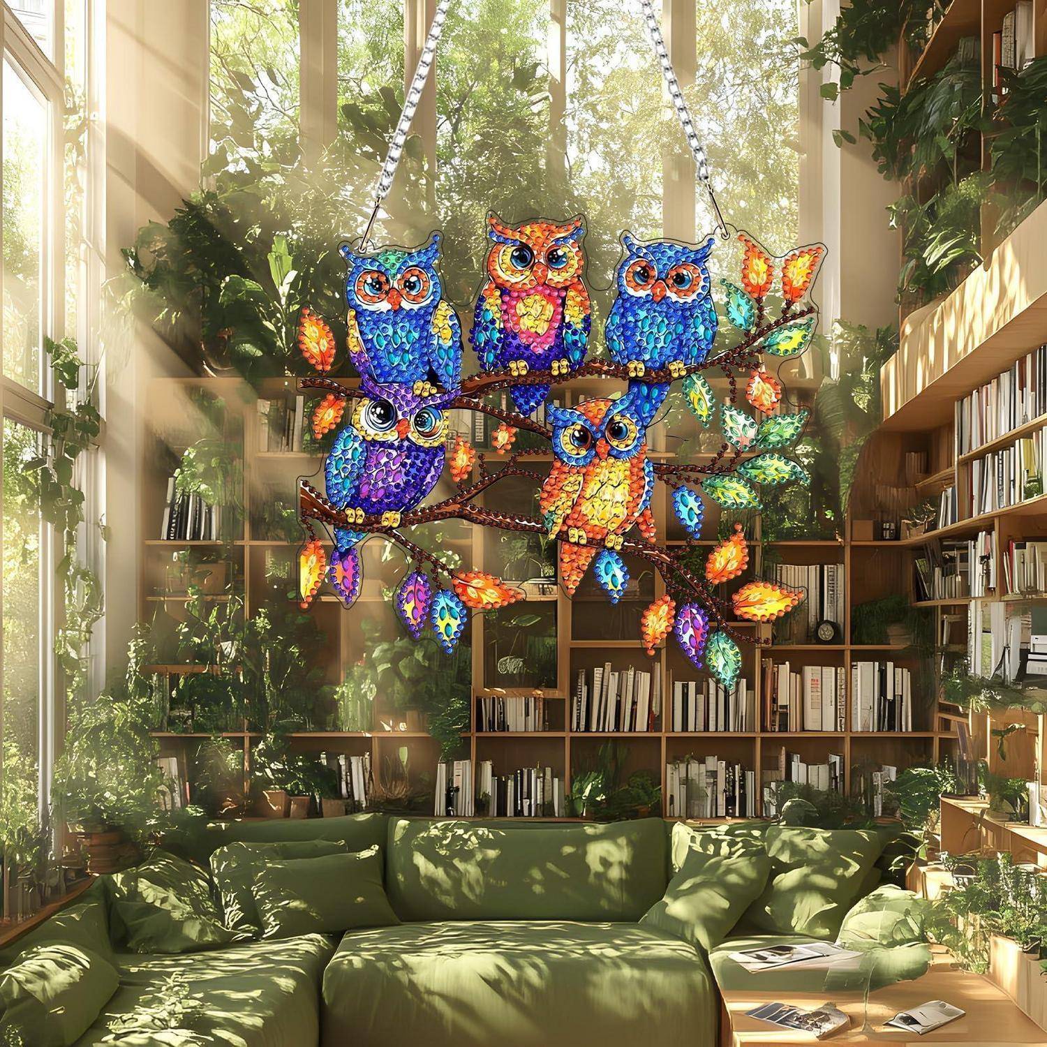 Bunte eulenförmige hängende Mosaik-Kronleuchter in einer sonnigen Biblioteks-Lounge mit Bücherregalen, Pflanzen und einem grünen Sofa.