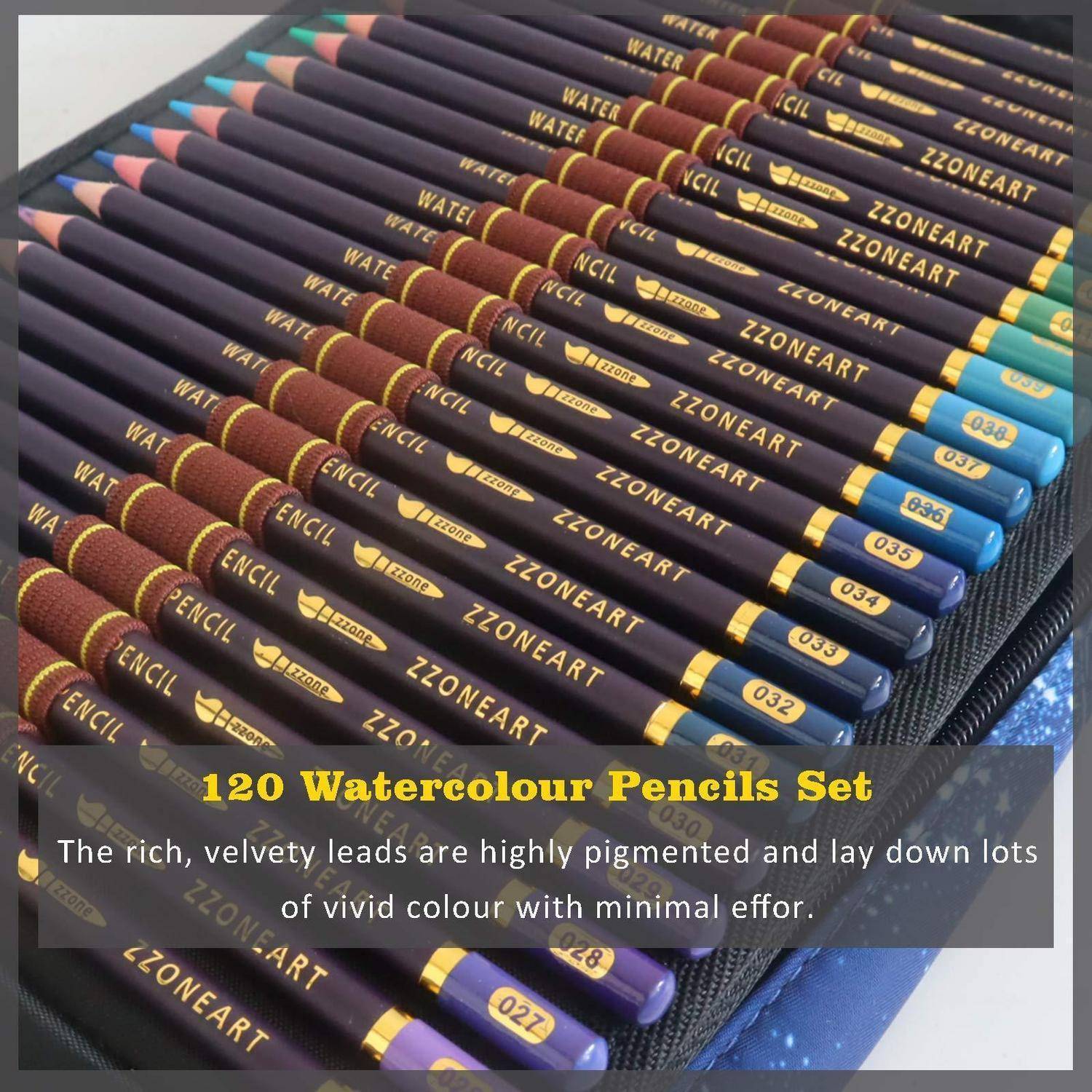 Assortierte Zzoneart-Aquarellstifte in einem Etui, mit der Beschriftung „120 Watercolour Pencils Set