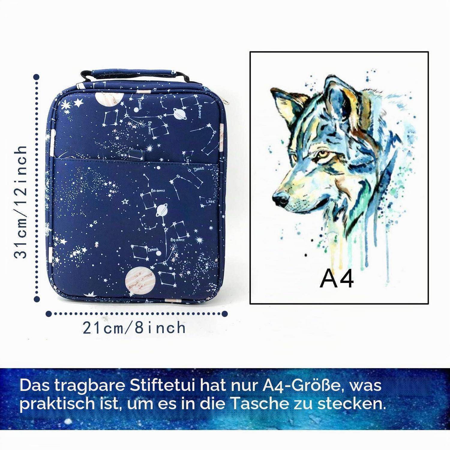 Tragbares Stiftetui aus Stoff mit blauem Reißverschluss und Sternenkartendruck, in A4-Größe gezeigt; Abmessungen gekennzeichnet mit 31 cm Höhe und 21 cm Breite.