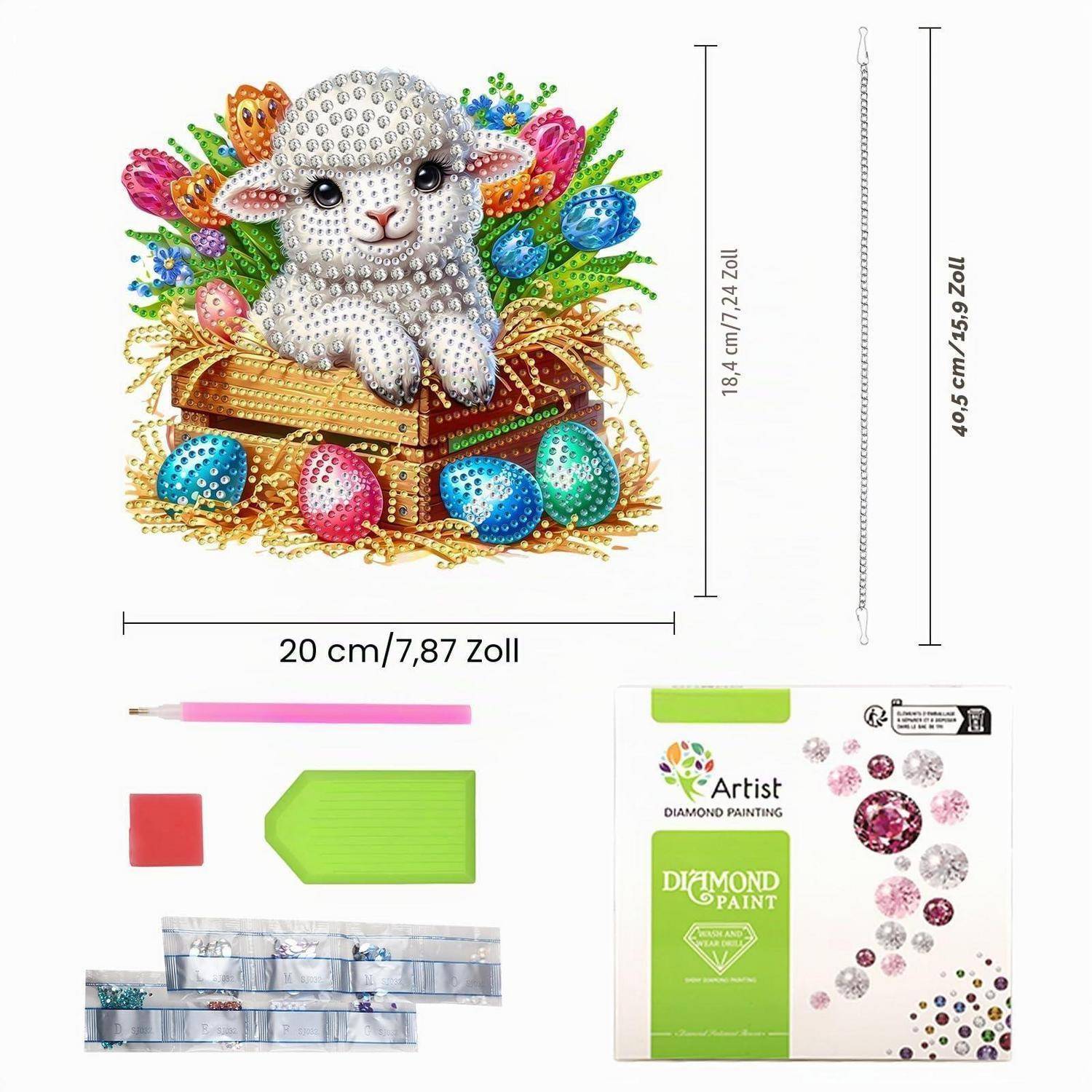 Diamond-Malerei-Set mit einem Lamm in einem Korb mit bunten Eiern und Blumen, plus Größenangaben, Werkzeugen und Verpackung von „Diamond Paint