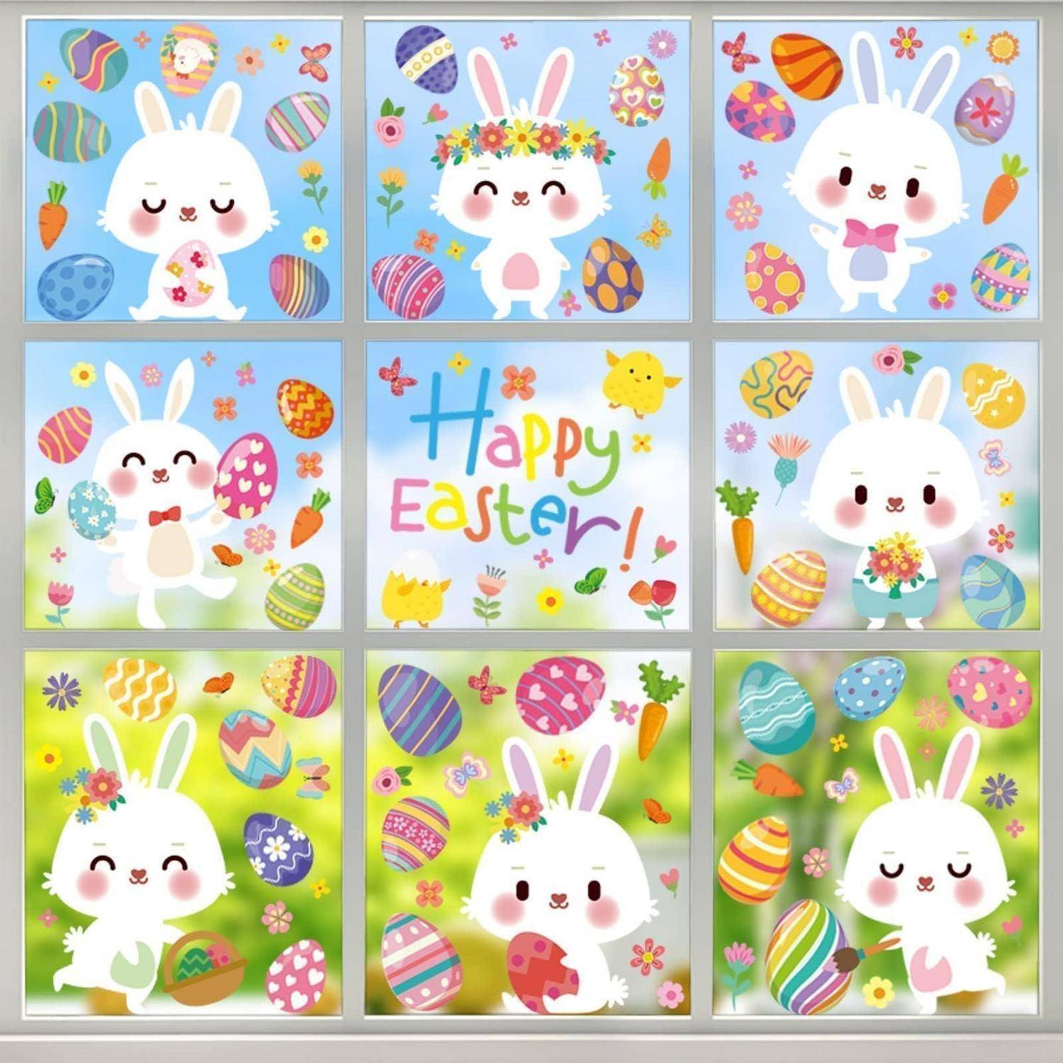 Oster-Illustrationen-Gitter: süßes weißes Häschen und bunte bemalte Eier, mit mittlerem Panel mit der Aufschrift „Frohe Ostern!