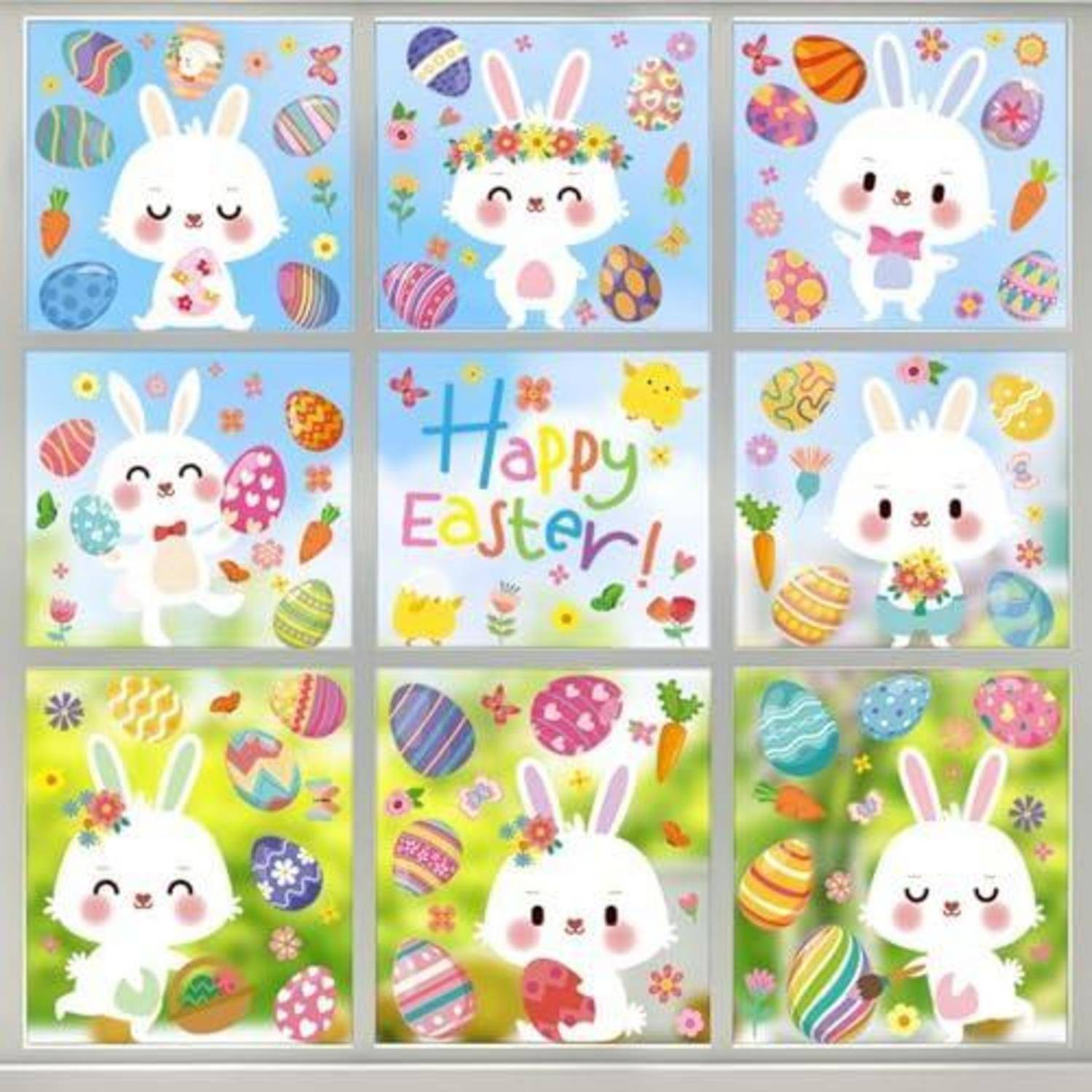 Eine 3x3-Collage mit süßen weißen Osterhasen, bunt bemalten Eiern, Blumen und dem Text „Frohe Ostern!" in der Mitte auf Pastellhintergründen.