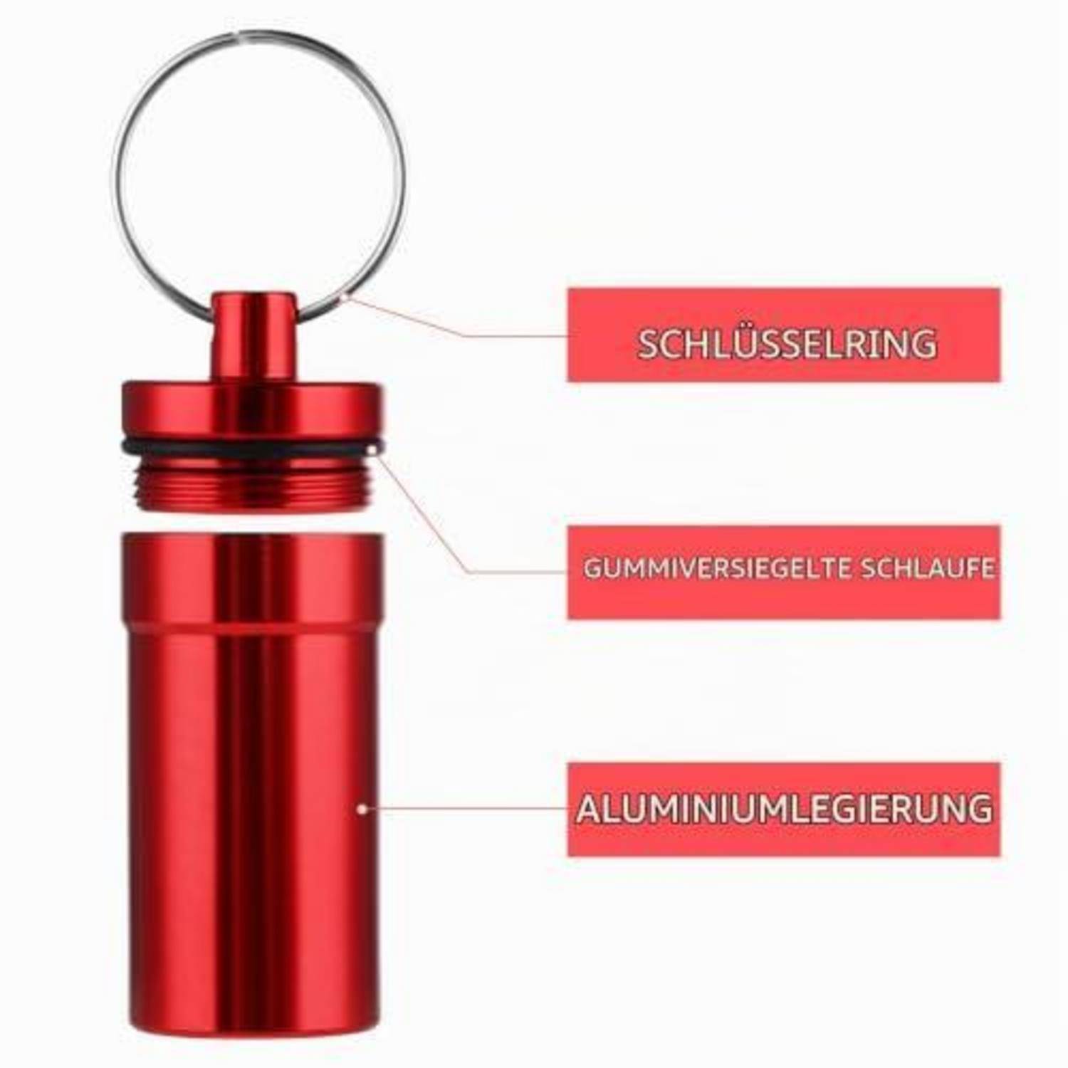 Annotierter roter Aluminium-Schlüsselanhänger-Behälter mit Ring, beschriftet mit „Schlüsselring", „gummiversiegelte Schlaufe"" und „Aluminium-Legierung"".