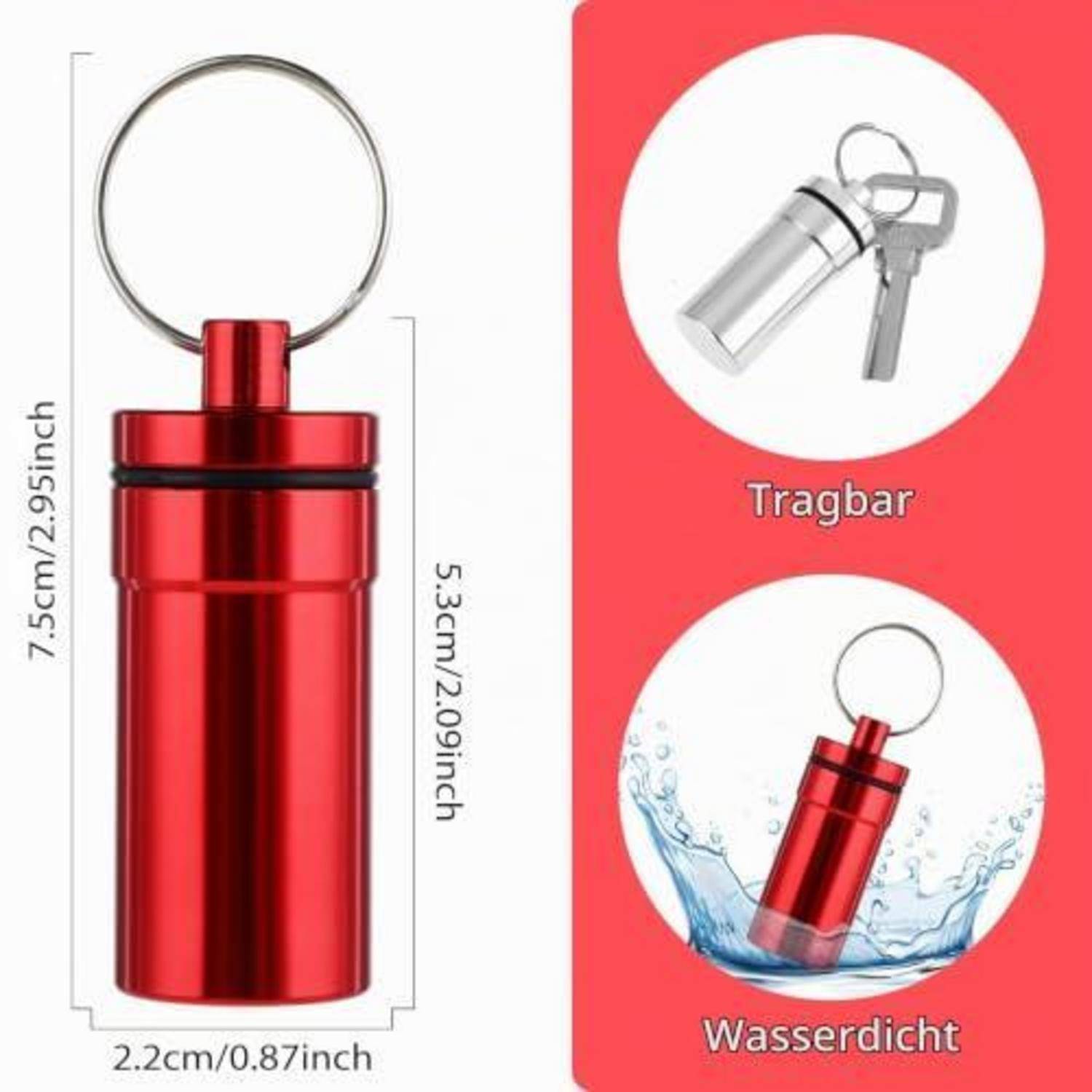 Roter Aluminium-Schlüsselanhänger in Pillenform, 5,3 cm hoch und 2,2 cm breit, dargestellt mit Schlüsseln und im Wasser, um die tragbare und wasserdichte Verwendung zu demonstrieren.