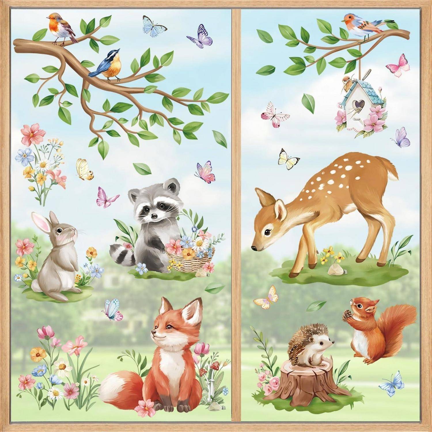 Zweiseilige Frühjahrswald-Illustration mit Vögeln, Schmetterlingen und Blumen; links zeigt Hase, Waschbär und Fuchs, rechts zeigt Hirsch, Eichhörnchen und Igel neben einem Baumstumpf.