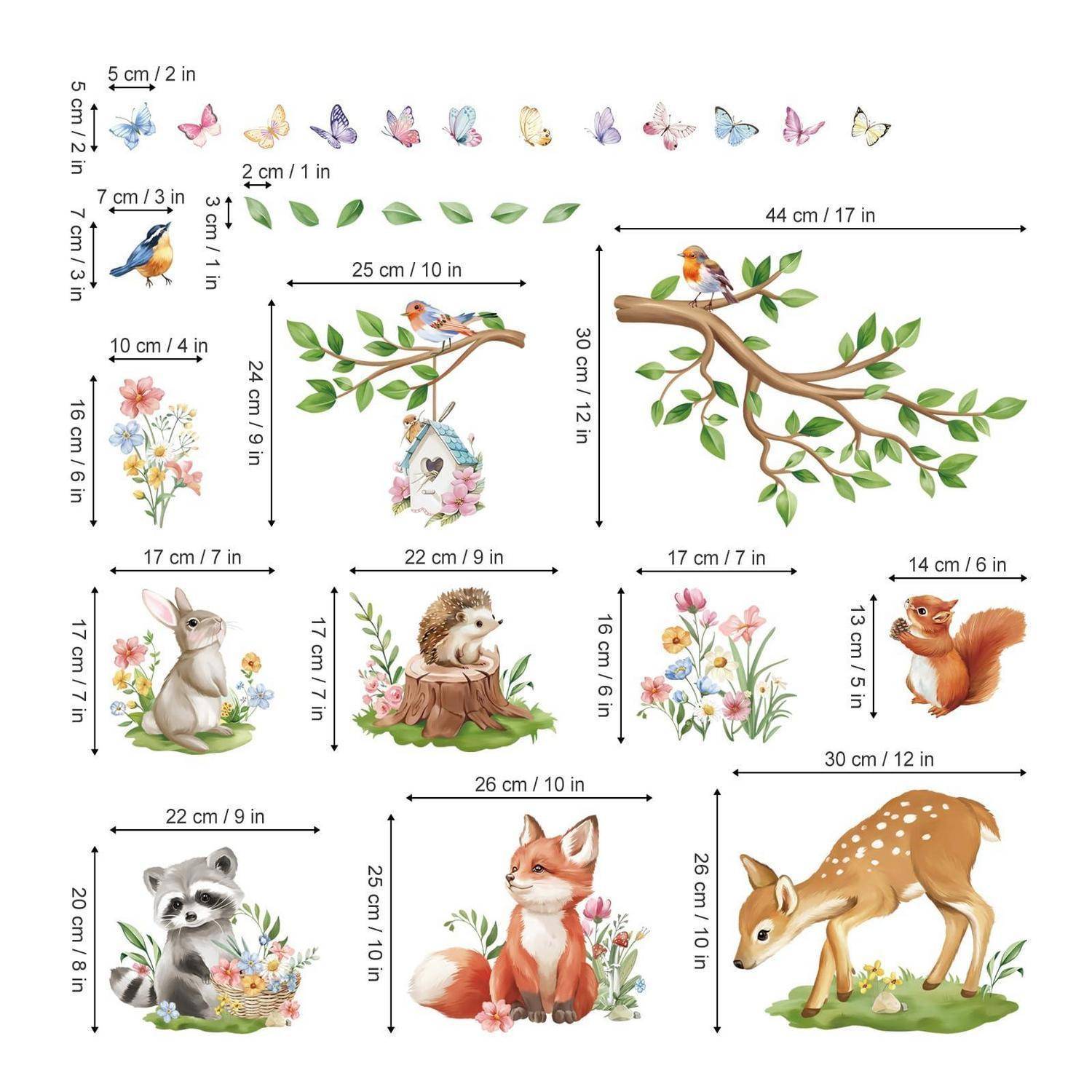 Größenleitfaden-Illustration von Aquarell-Clipart-Tieren, Vögeln, Blättern und Blumen mit Zentimeter- und Zollmessungen für jedes Design.