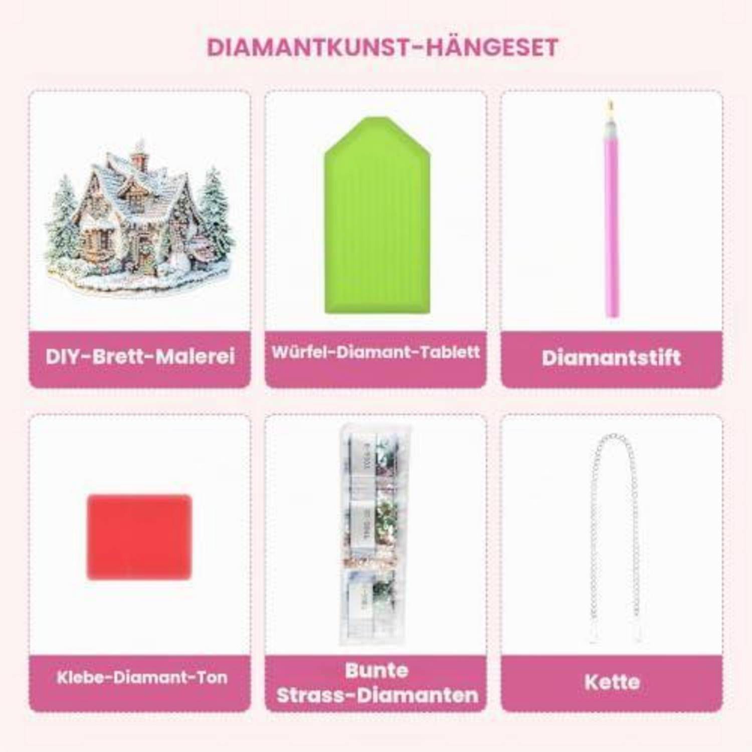 # Sechsteiliges Diamantkunst-Hängeset-Diagramm mit deutschen Beschriftungen: DIY-Holzmalerei, Diamanttablett, Diamantstift, Kleber-Knetmasse, farbige Strasssteine und Kette.