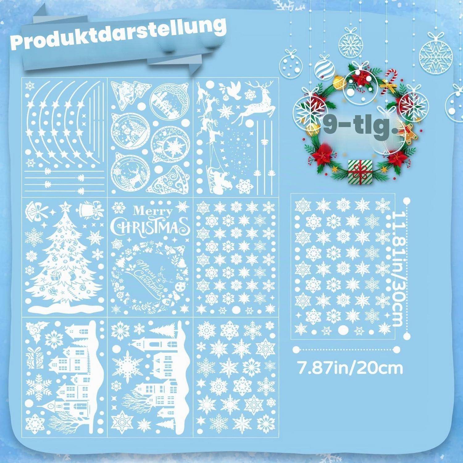 Produktanzeige eines 9-teiligen Weihnachts-Schablonenset, das weiße Feiertagsmuster und „Merry Christmas"-Designs zeigt, mit der Größe 11,81 x 7,87 Zoll (30 x 20 cm).