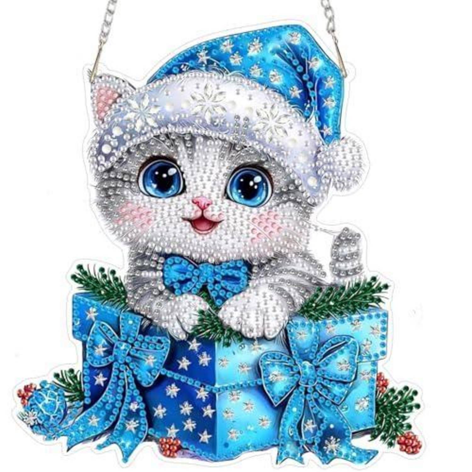 Cartoon-Kätzchen-Ornament mit blauem Weihnachtsmütze, das in einer blauen Geschenkbox mit Schleifen und Schneeflocken sitzt.