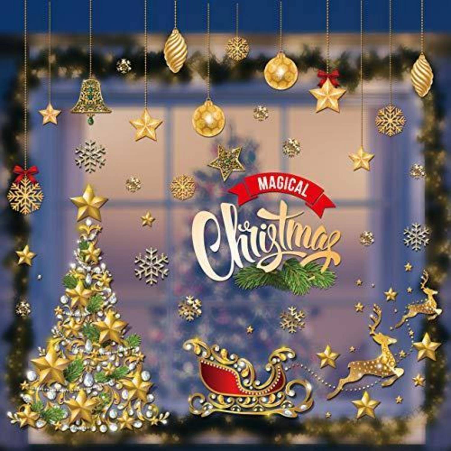 Festliche Weihnachtsszene mit einem geschmückten Baum, hängenden Verzierungen und Schneeflocken, einem Schlitten und dem Text „MAGISCHE Weihnacht" in der Mitte.