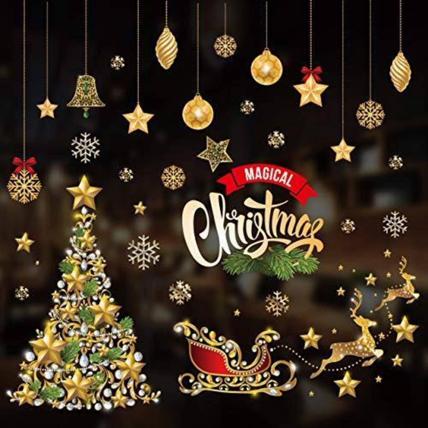 Festliches Weihnachtsgrafik mit geschmücktem Baum, Schlitten, fliegenden Rentieren, hängenden Christbaumkugeln und dem Text „Magisches Weihnachtsfest".
