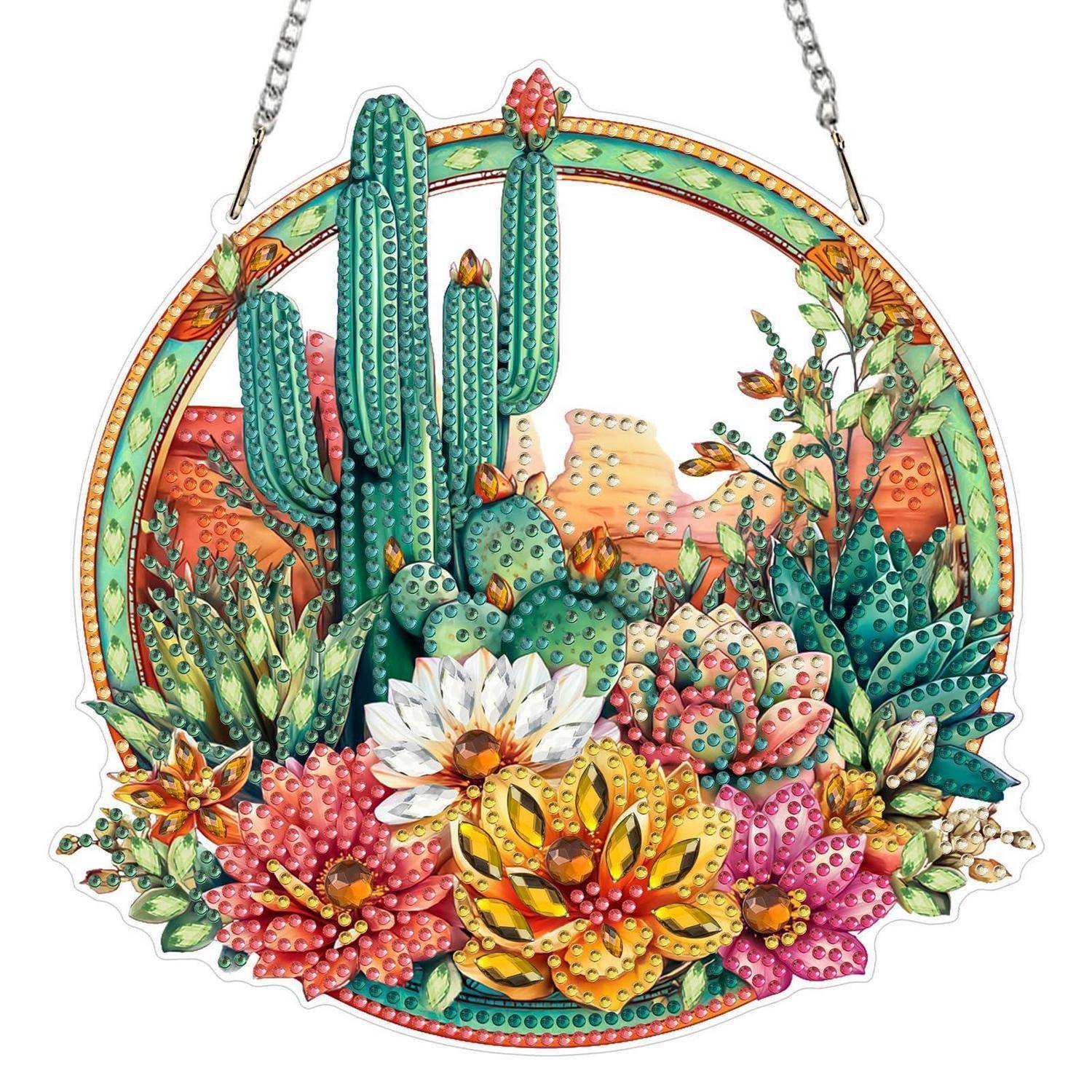 Bunte runde hängende Wandkunst einer Wüstenszene mit Kakteen, Sukkulenten und blühenden Blumen.