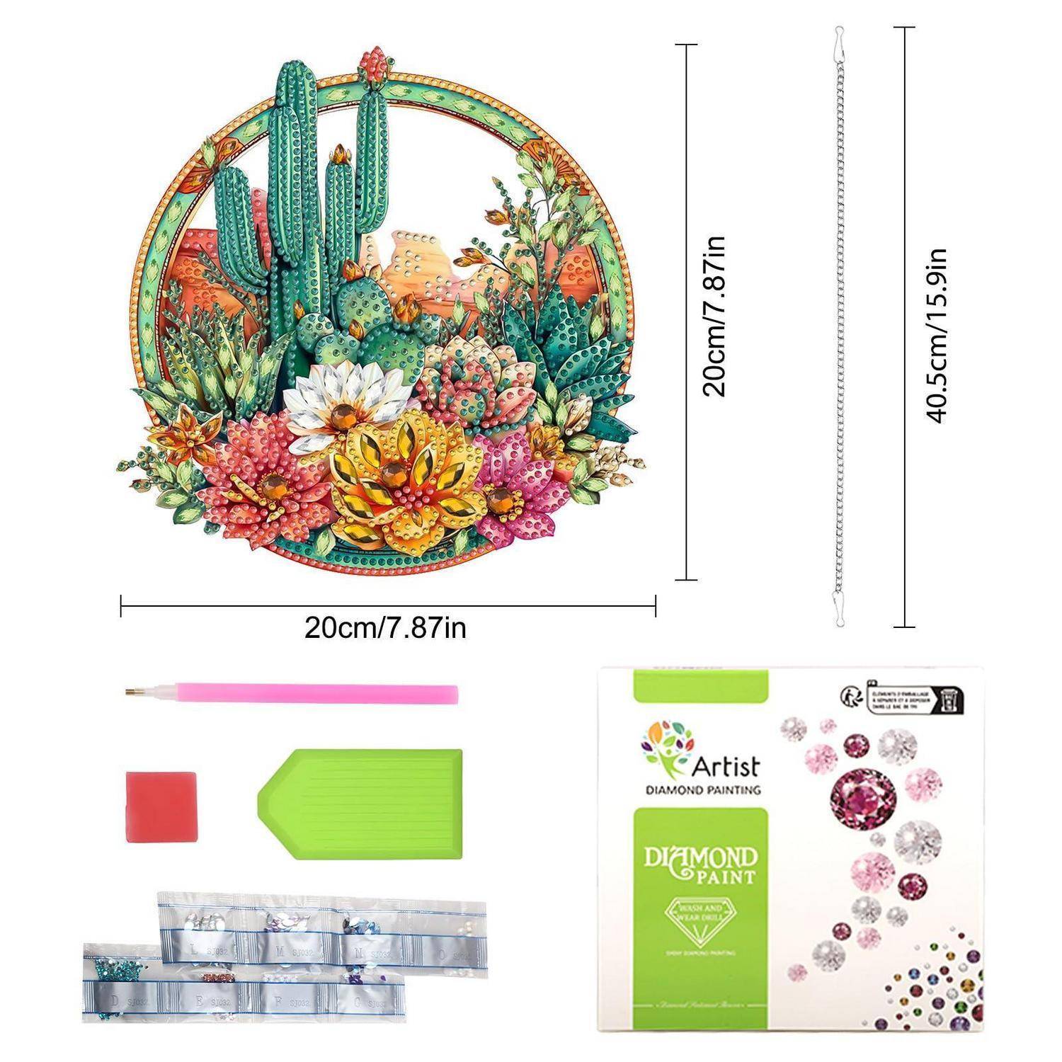 Diamantmalerei-Set mit Kaktus- und Blumendesign in einem runden Rahmen, gezeigt mit 20 cm Größenabmessungen, Aufhängekette, Werkzeugen und Verpackung.