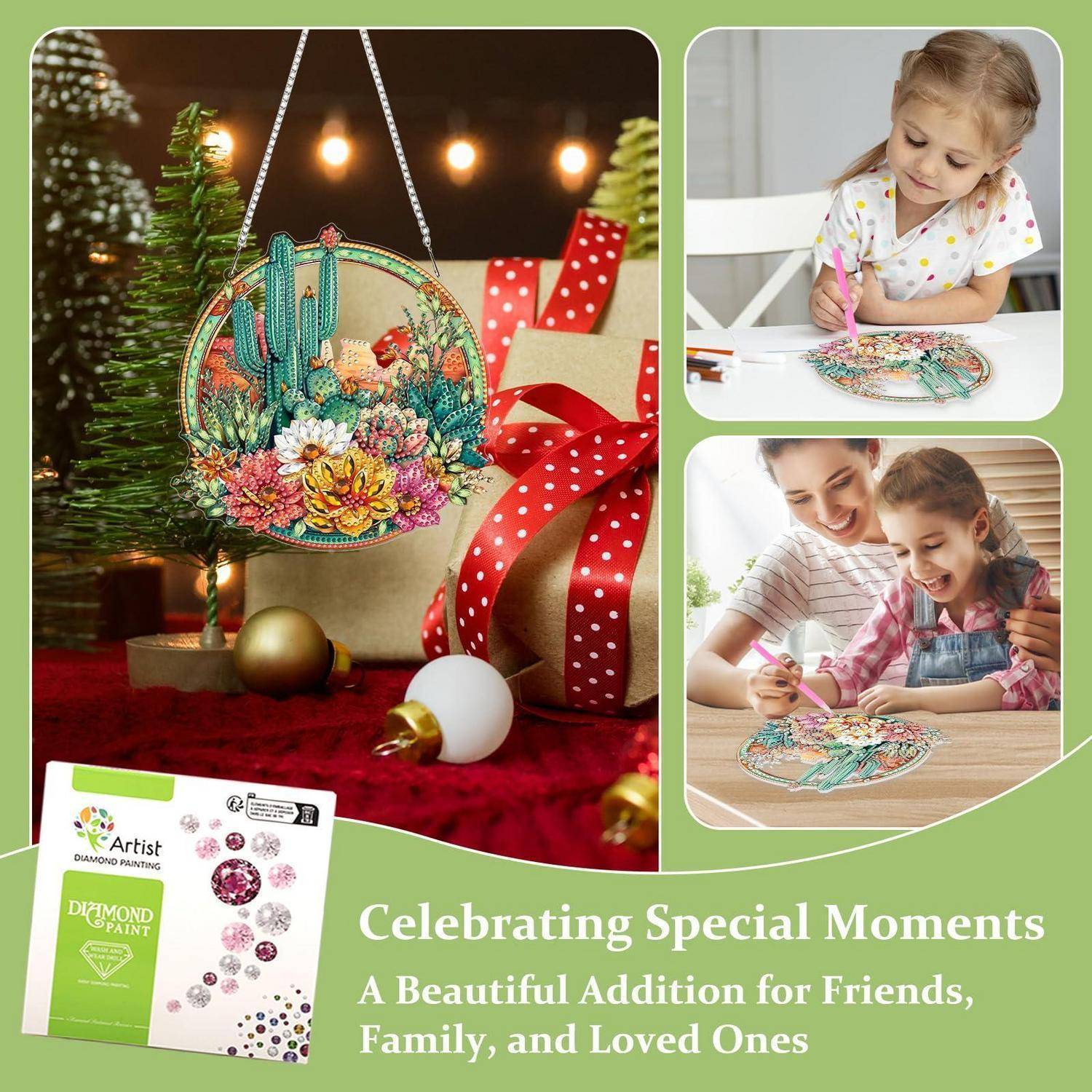Werbung für ein Diamond-Painting-Bastelset mit weihnachtlichem Blumenschmuck, das von einem Kind und einem Erwachsenen hergestellt wird, mit der Bildunterschrift „Besondere Momente feiern".