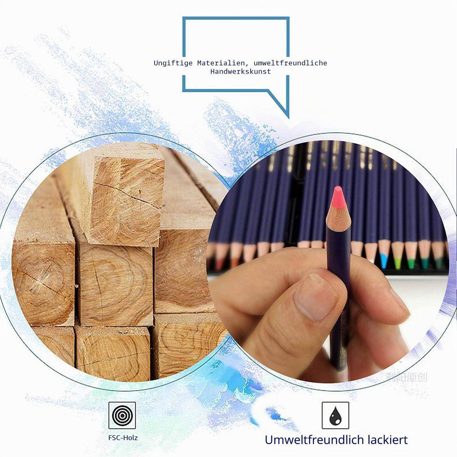 Werbegrafik mit FSC-Holzblöcken und einer Hand, die einen umweltfreundlich bemalten Bleistift hält, beschriftet mit „Ungiftige Materialien, umweltfreundliche Handwerkskunst" und „Umweltfreundlich lackiert"".