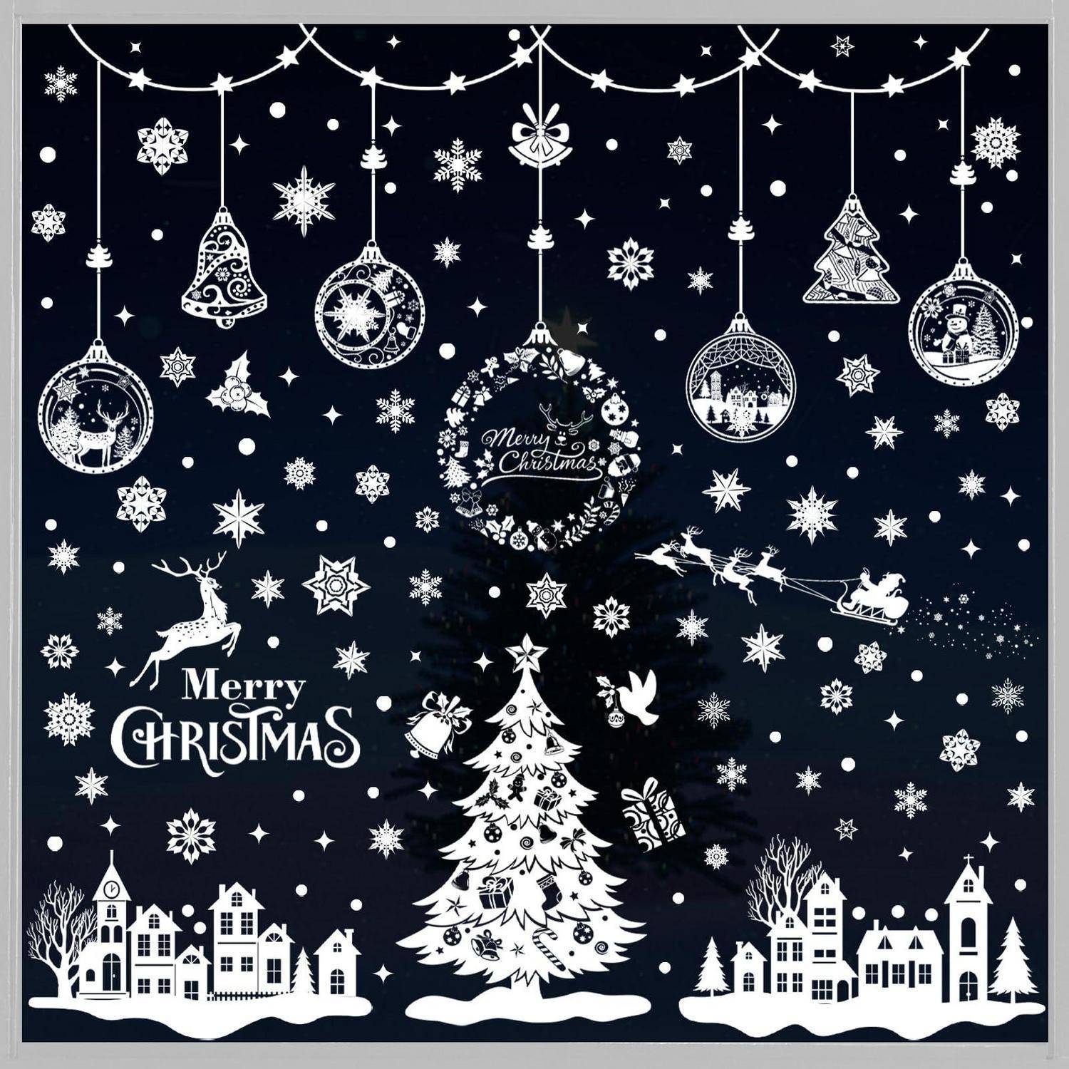 Festliche Weihnachtsillustration mit Schneeflocken, Weihnachtskugeln, dem Schlitten des Weihnachtsmanns, geschmücktem Baum und dem Text 