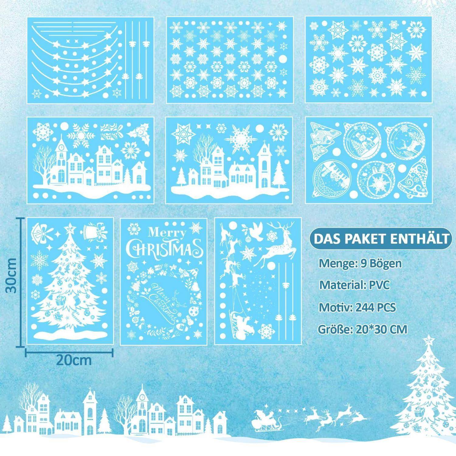 Blaue Weihnachtsfensteraufkleber in neun Designs gezeigt, einschließlich Schneeflocken, Winterdörfer, ein Baum, der Weihnachtsschlitten und „Frohe Weihnachten